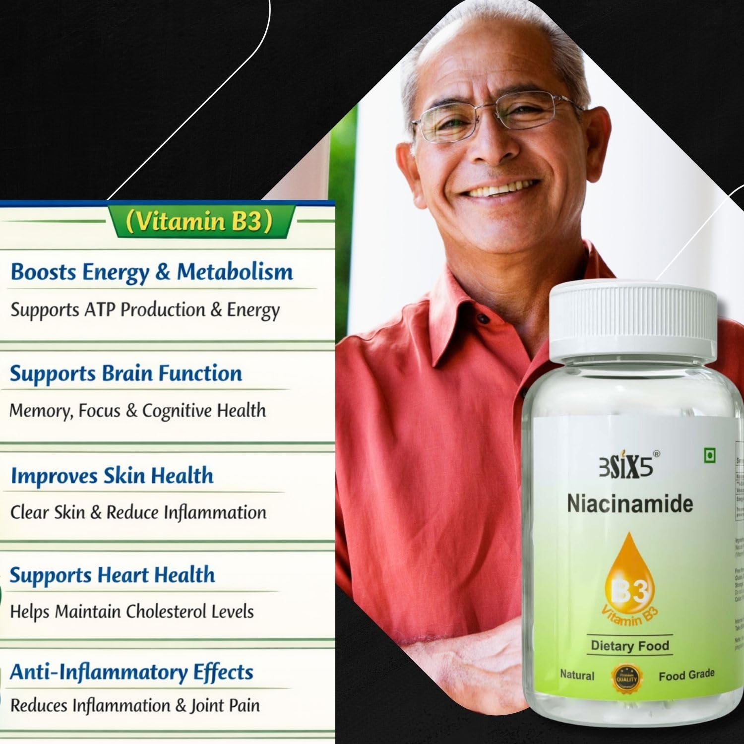 3SIX5 Niacinamide (Vitamin B3) Supplement for Radiant Health & Energy (100gm) — Amazon image 3