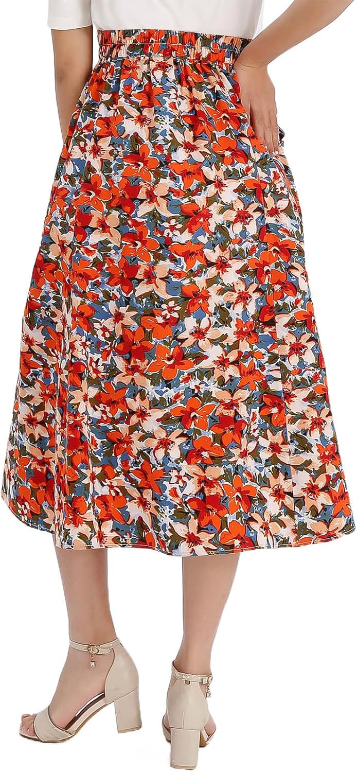 Women's Elastic Waist Skirt Printed Casual Skirt with Pockets in Spring Summer and Autumn
