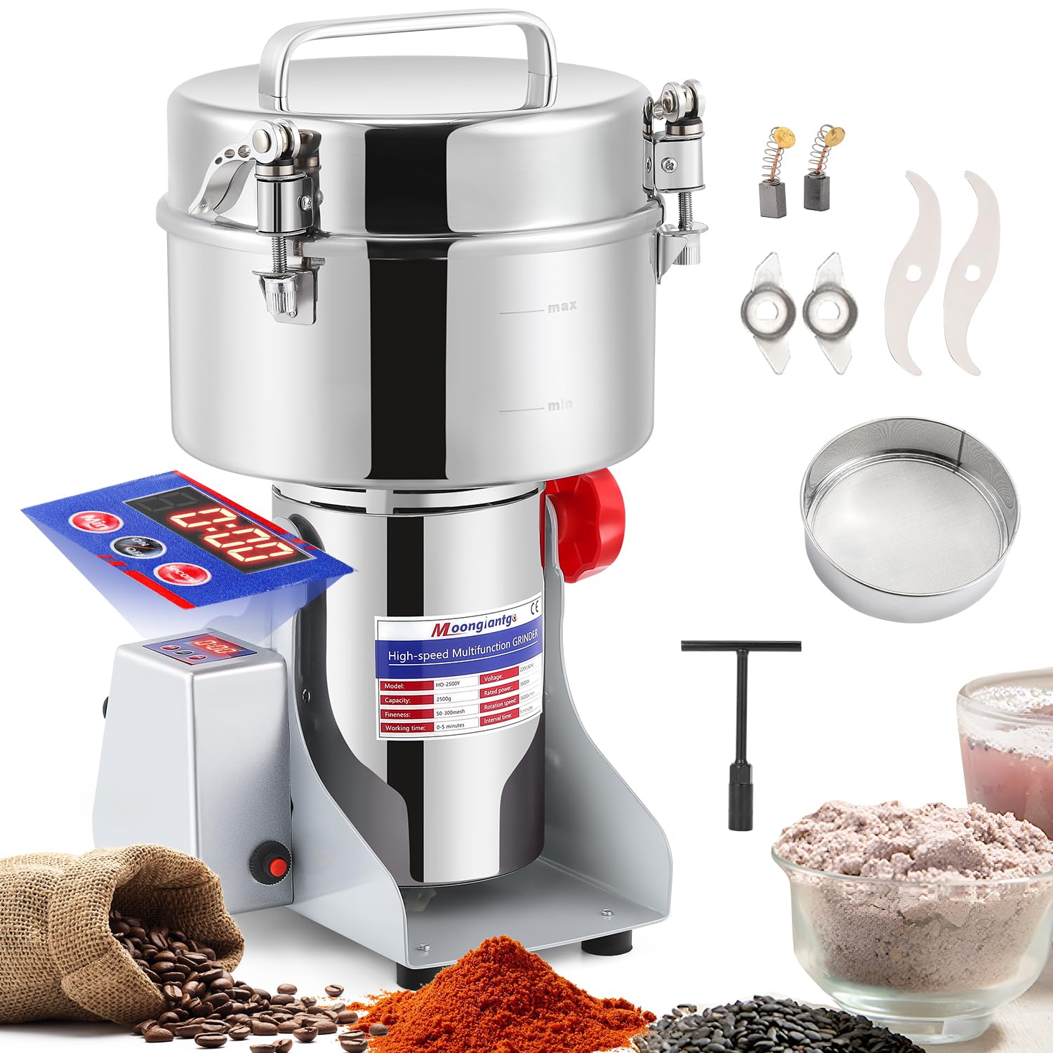 Moongiantgo 2500g Electric Grain Mill Grinder with accessories and specifications