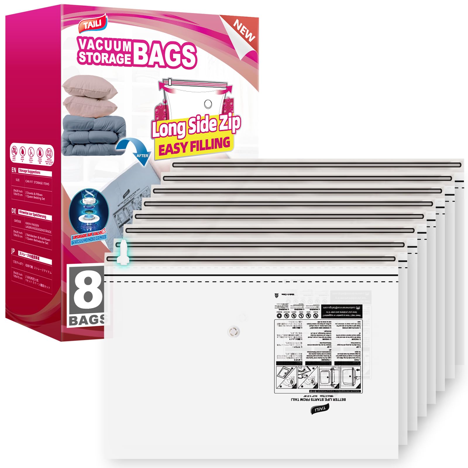 TAILI-LONG SIDE ZIP 8 Pack Vacuum Storage Bags, Vacuum Seal Bags for Clothing(39x28 inches), Jumbo Storage Space Saver for Beddings, Comforters, Blanket, Pillows and Clothes