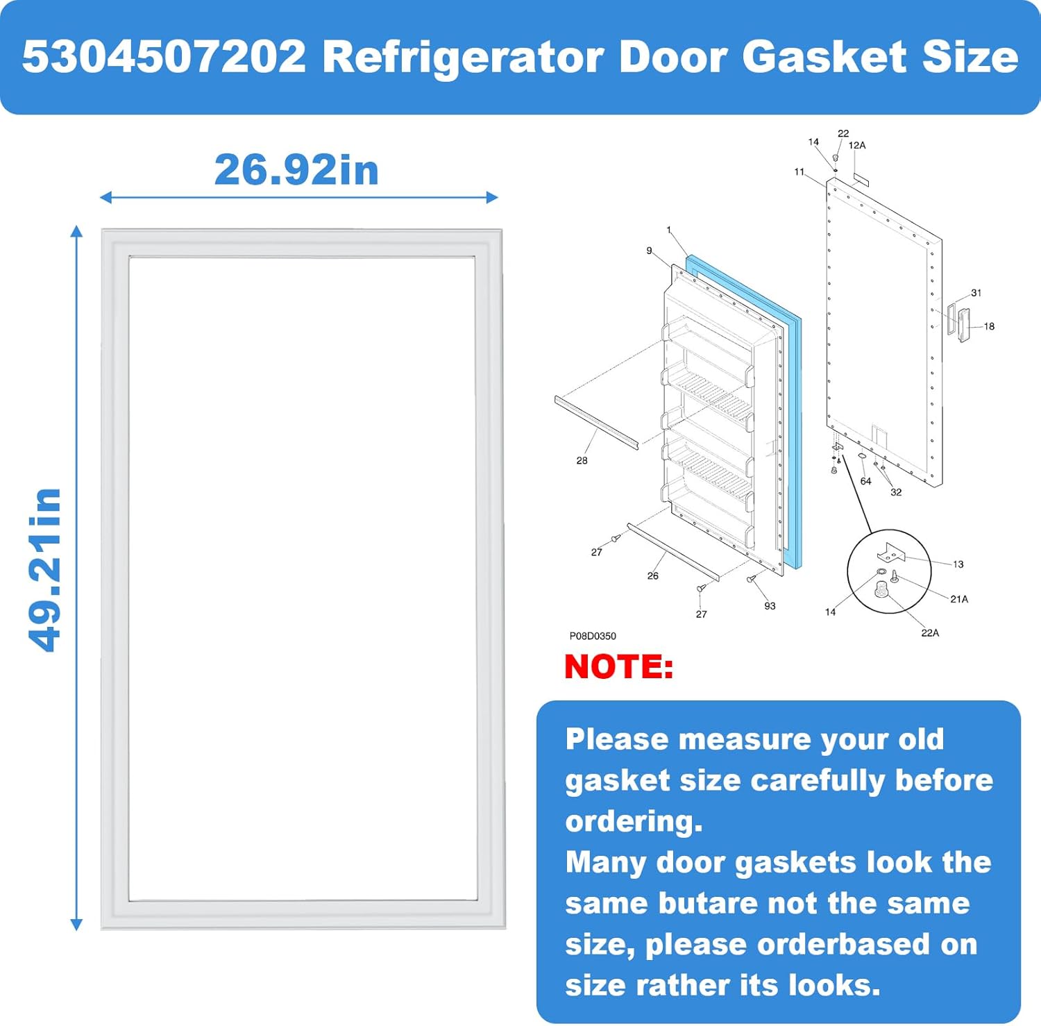 Upgraded 5304507202 Freezer Door Gasket Compatible With Frigidaire Kenmore Gibson Crosley White-Westinghouse Refrigerator Seal, Replaces 216522303 AP6037542 PS11770646, 49.21 x 26.92"