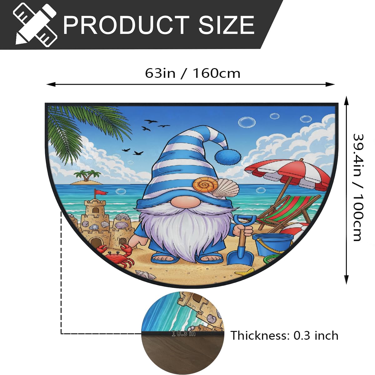 Große halbrunde Fußmatte – Strandzwerg, rutschfest, saugfähig, halbrund, Eingangsbereich, niedlich, weich, halbrund, waschbar, Teppich für Küche, Badezimmer, Schlafzimmer, 160 x 100 cm