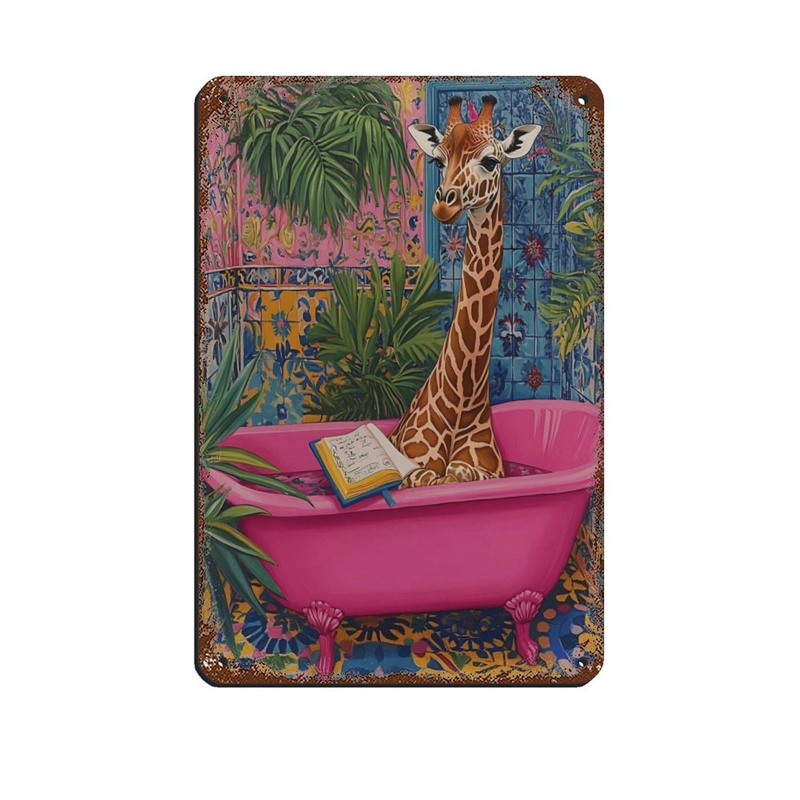 Quirky Giraffe in Bathtub Bathroom Tin Sign Vintage Metal Pub Club Cafe Bar Home Wall Art Decoration Poster Retro 8x12inch(20x30cm)