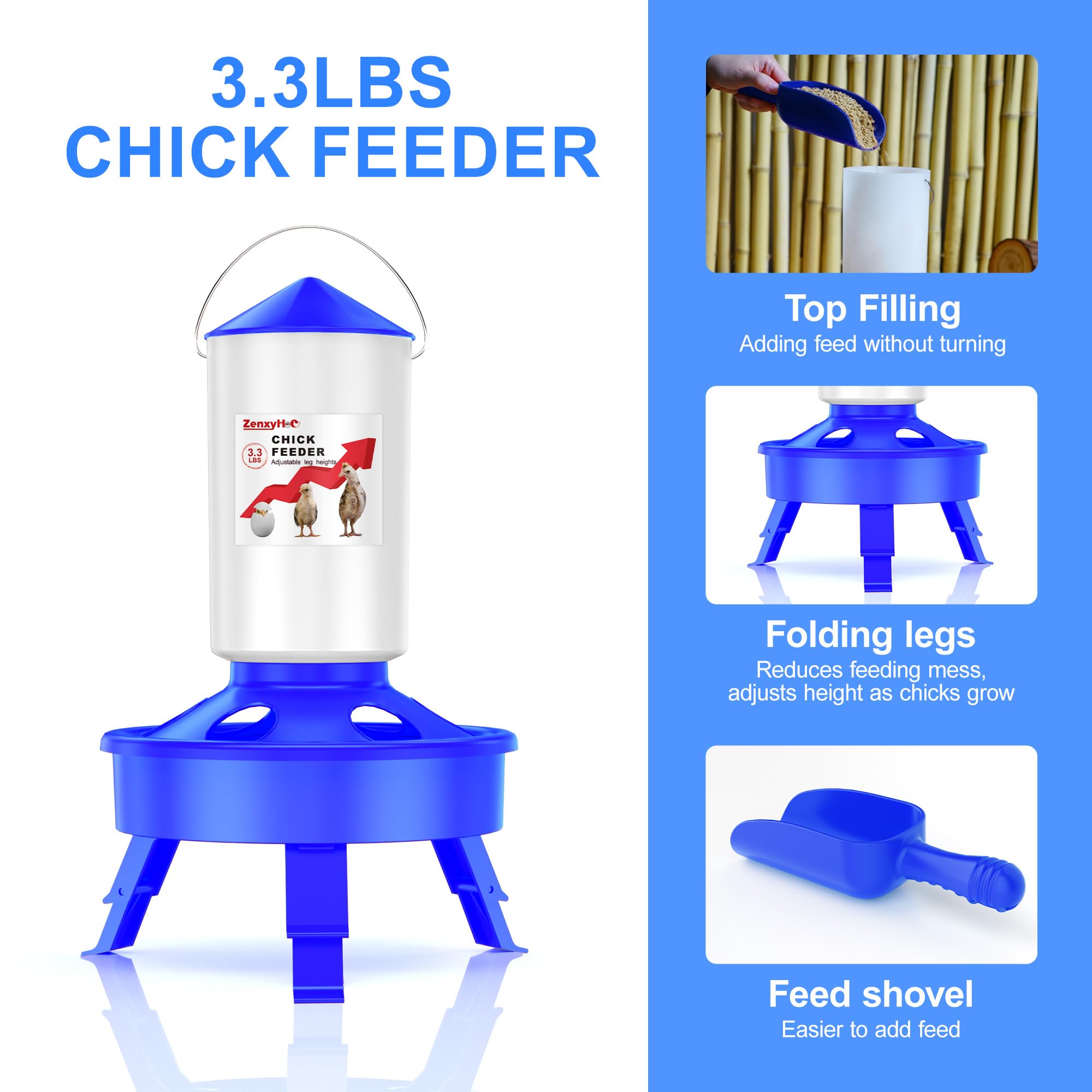 ZenxyHoC Set di cibo e abbeveratoio per pulcini, con mangiatoia da 1,5 l e abbeveratoio da 1,5 l per riempire la parte superiore, con pala e 3 gambe regolabili in altezza, blu