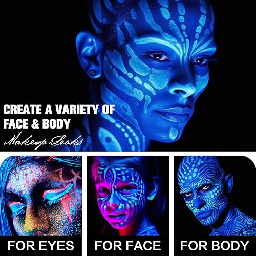 Miniatura 5 de BOBISUKA Barra de pintura facial azul neón a base de agua que brilla en la luz UV, kit de pintura facial para ojos, palos negros para deportes, base