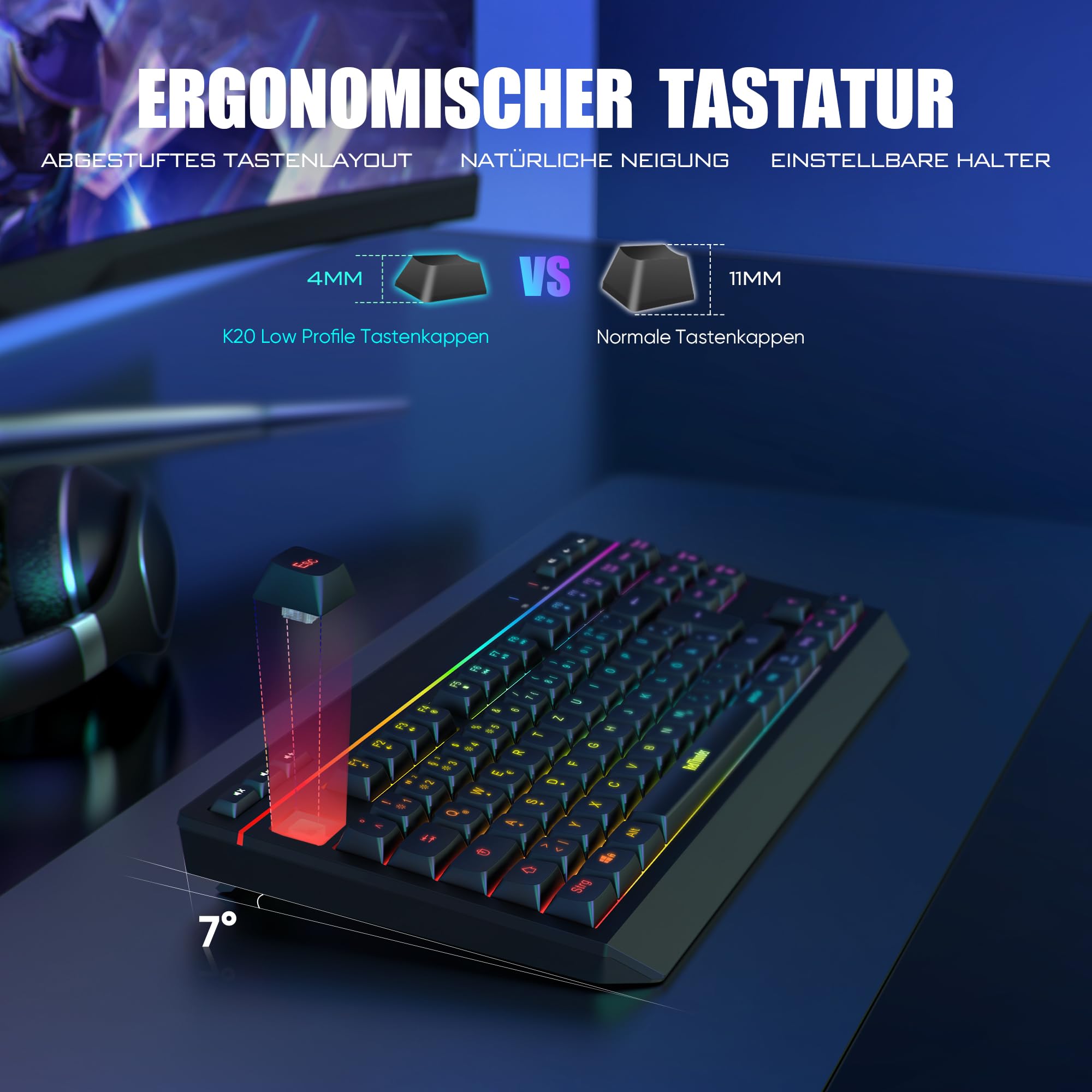 RedThunder 75% Kabelloses Tastatur und Maus Set, QWERTZ 94 Tasten TKL Layout, RGB, Wiederaufladbar Funktastatur mit Multimedia Funktionstasten, 7D Optische Maus für PC Xbox PS5, Büro (Schwarz)