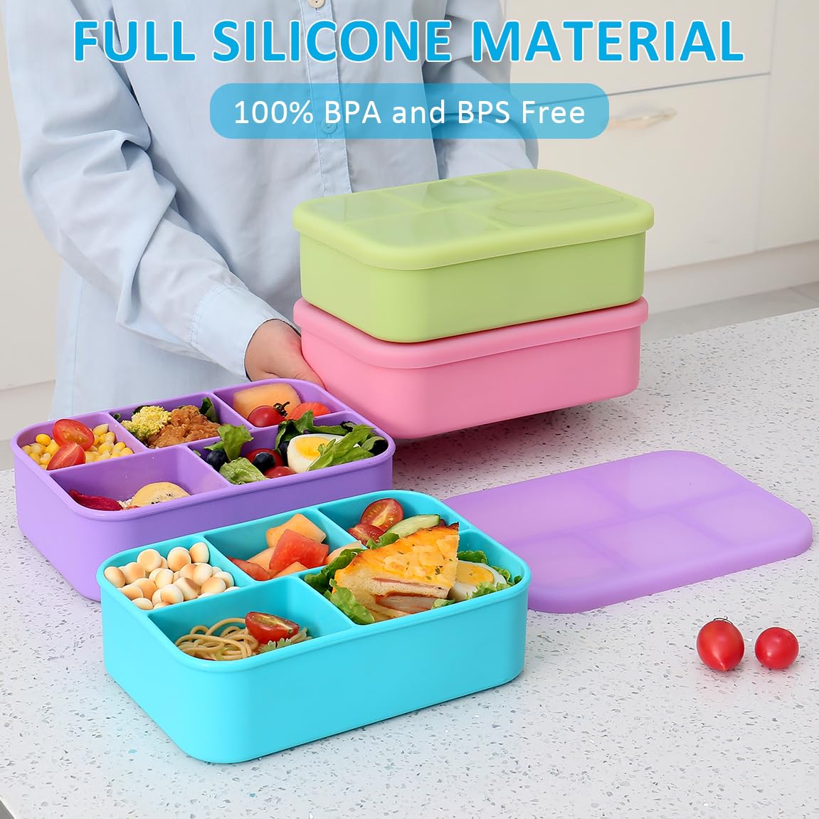 Lot de 2 boîtes à bento en silicone platine avec couvercle, 1,8 l, 5 compartiments étanches, passent au micro-ondes, au congélateur, au lave-vaisselle, sans BPA (bleu + vert)