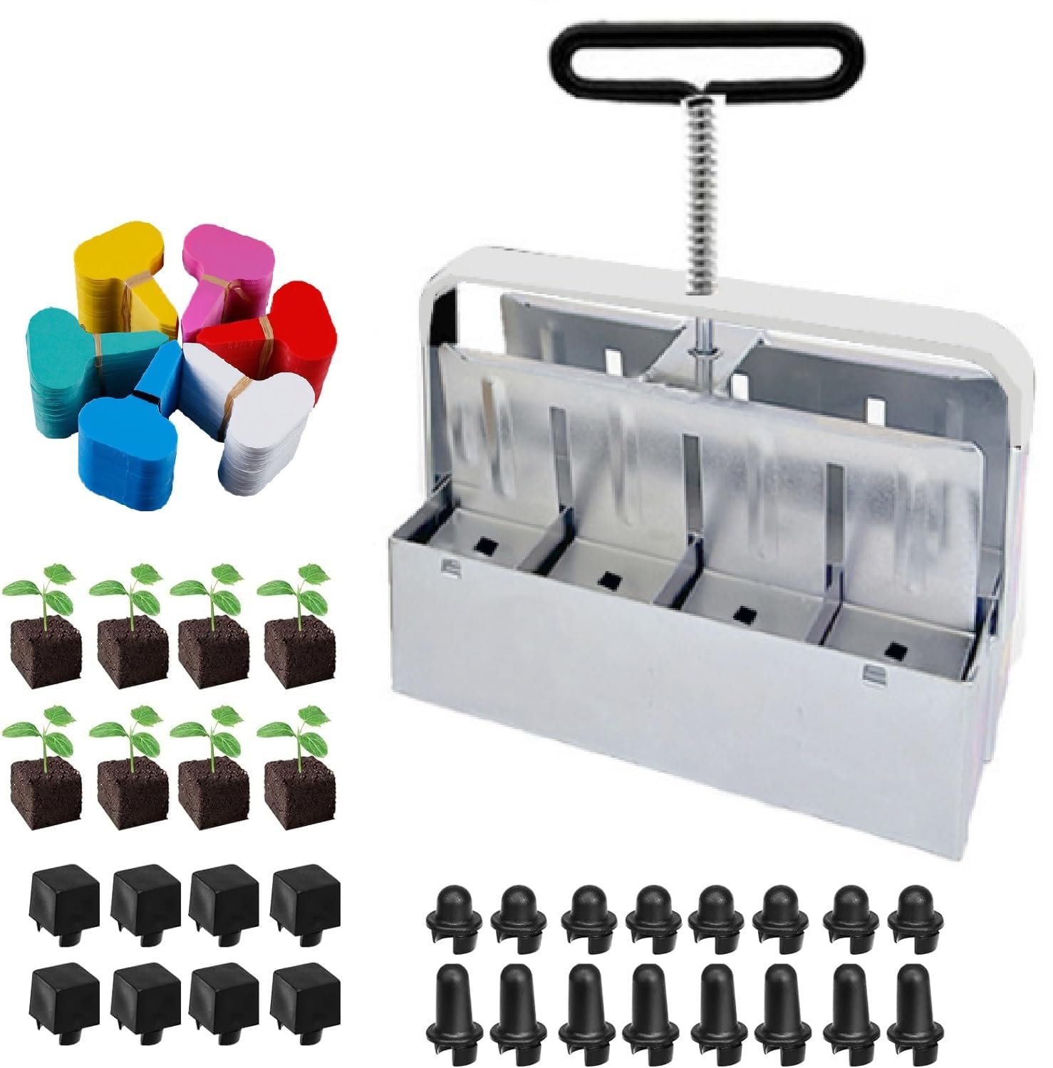 Metoo 2024 Upgrade Soil Blocker With Comfortable Handle - 8 Cell Block Maker 2 Inch With 3 Sizes Seed Pins, Hand-held Blocking Tool, Comes With Plant Labels