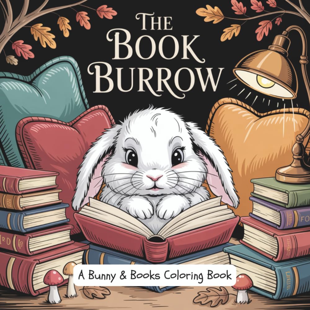 The Book Burrow: A Cozy Bunny Coloring Book for Adults and Teens