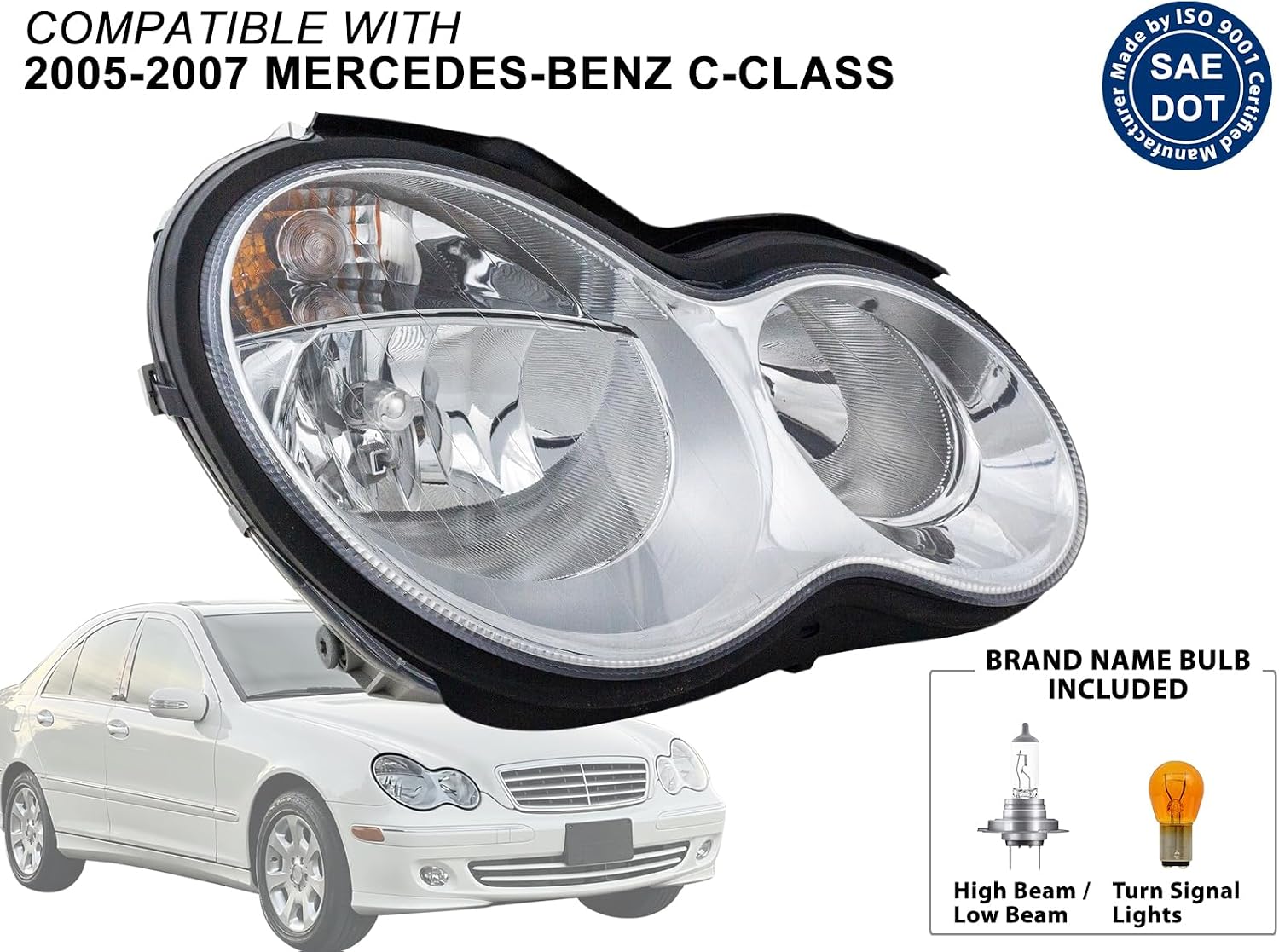 KAP Replacement for Head Lights 2005 2006 2007 C Class C230 C240 C280 C320 C350 Passenger Right Side with Bulb 2038203661 2038201659 MB2503148