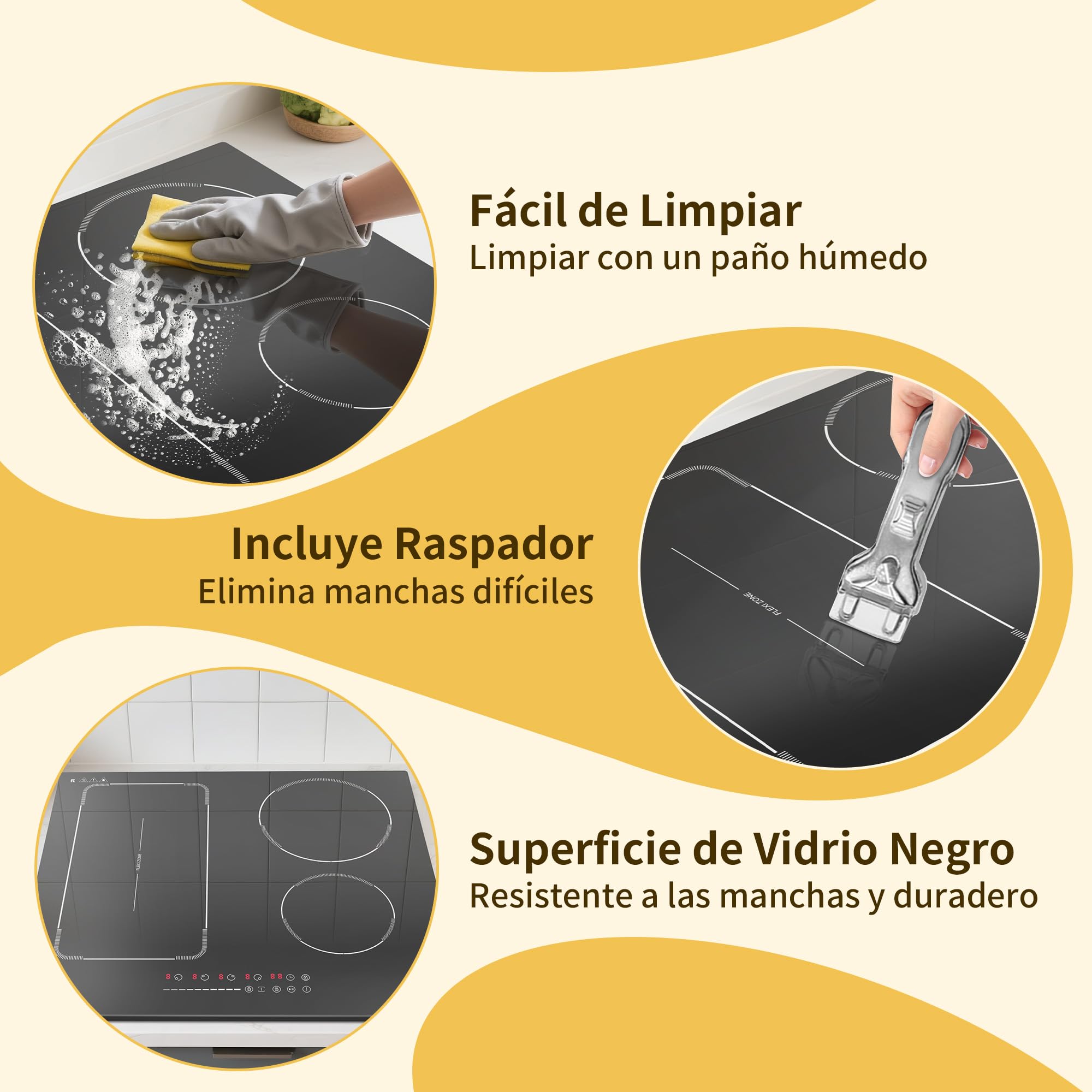 Placa Induccion 4 Fuegos 60cm, Placa de Inducción Integrada con Flexibles | Función Boost, 9 Niveles de Potencia, Temporizador, Bloqueo de Seguridad, 3500W