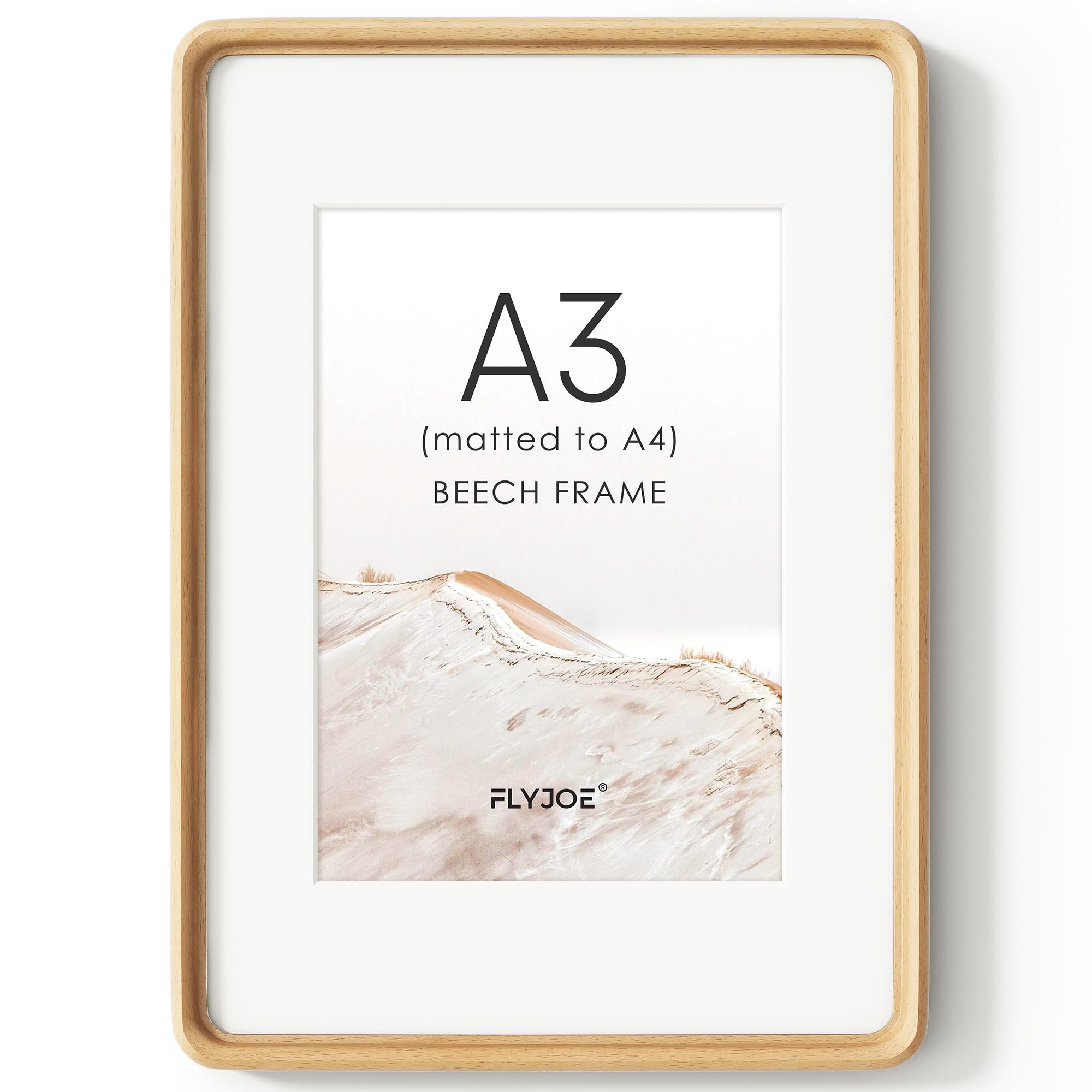Solid Wood Picture Frame, Tempered Glass, Mat, Beech, A3, 1pcs