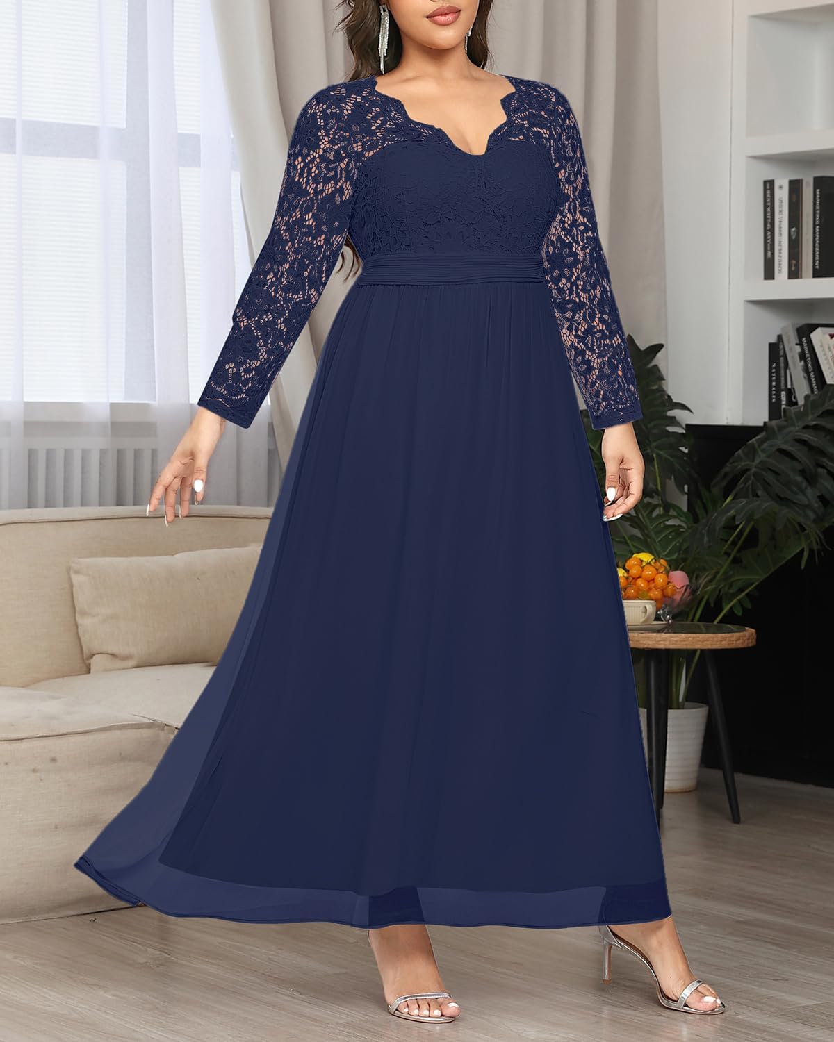 Plus Size Formal Wedding Dresses - Gowns Evening Prom Elegant V Neck Long Sleeve Lace Chiffon Long Maxi Dress - Image 7
