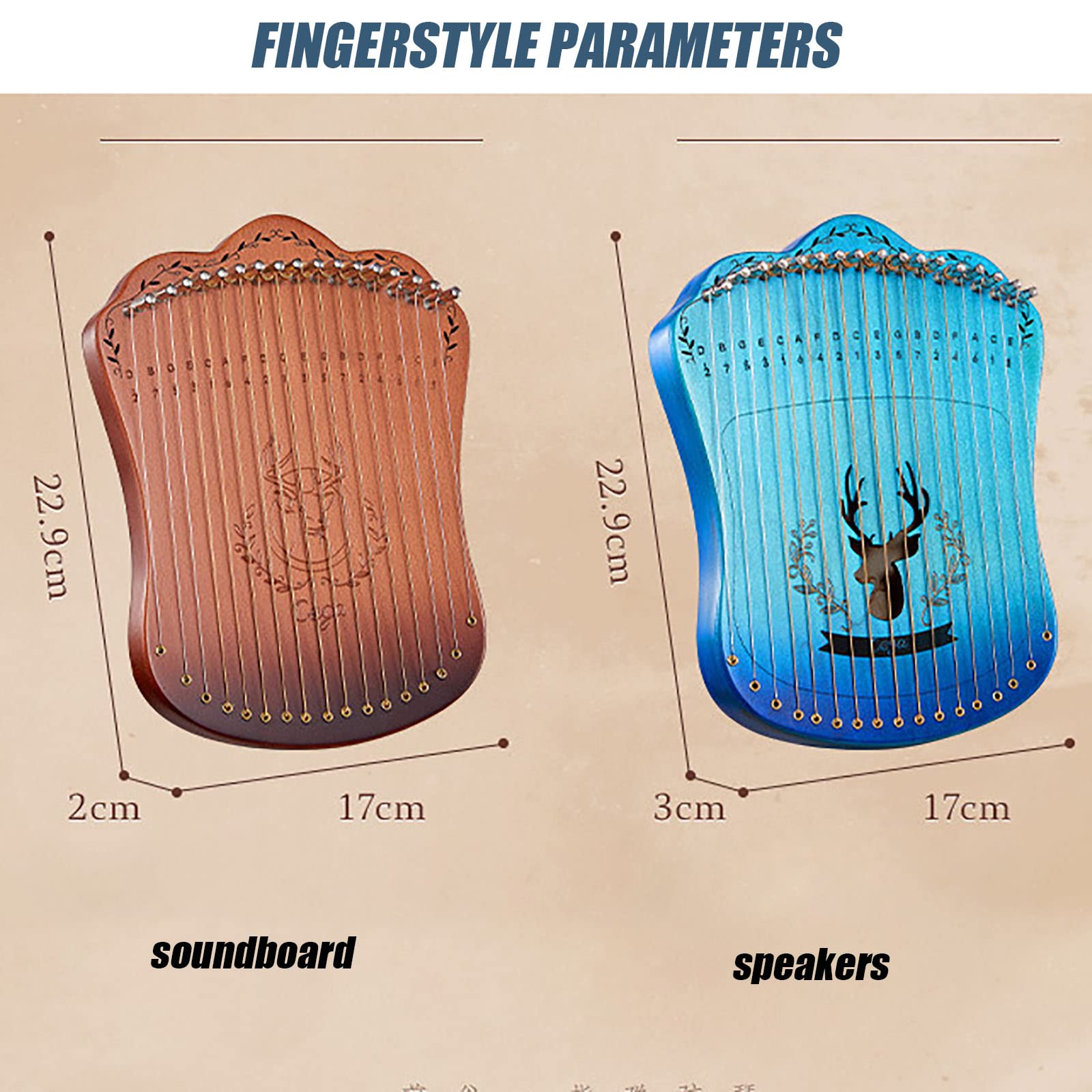 Metall Mahagoni Leier Harfe, Lyre Instrument Tragbare Harfe Instrument Mahagoni mit Stimmschlüssel und Tragetasche, Lyre Harfe für Kinder/Anfänger/Erwachsene Speakers Blue