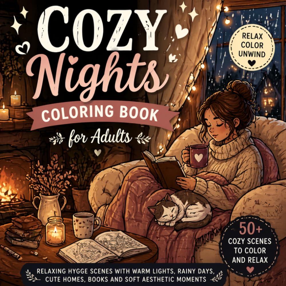 Cozy Nights Coloring Book for Adults: Simple Hygge Scenes with Warm Lights and Peaceful Interiors