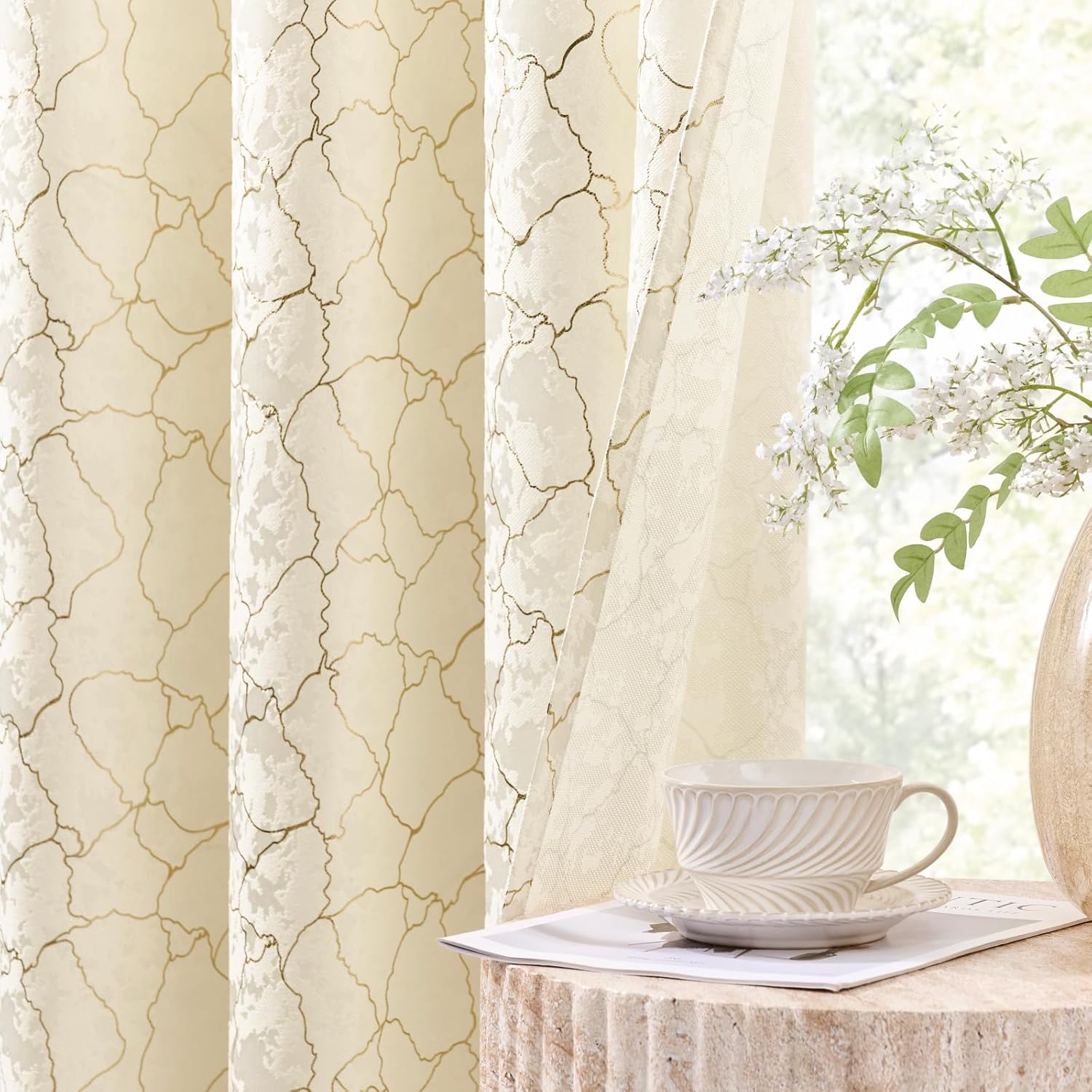 Ivory and Gold Curtains 63 Inch Length 2 Panels Cream Room Darkening Curtains Grommet Modern Art Golden Foil Decor Baroque Metallic Marble Look Textured Jacquard Window Drapes for Bedroom, 52x63