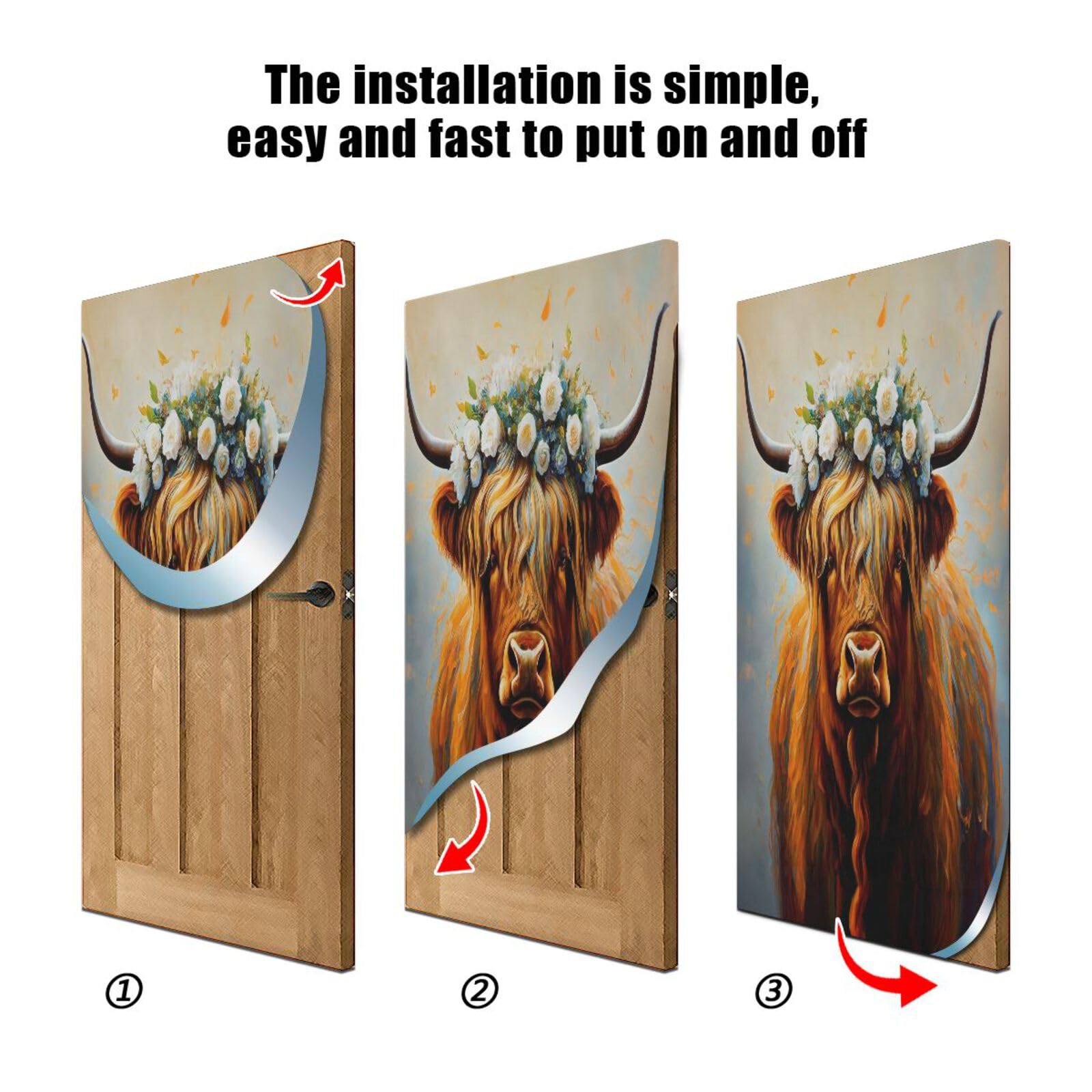 FLildon Highland Cow Wearing Flowers Door Cover Decoration, Party Accessory Porch Decor for Festive Ornament Room Door Covers 32 x 79 Inch