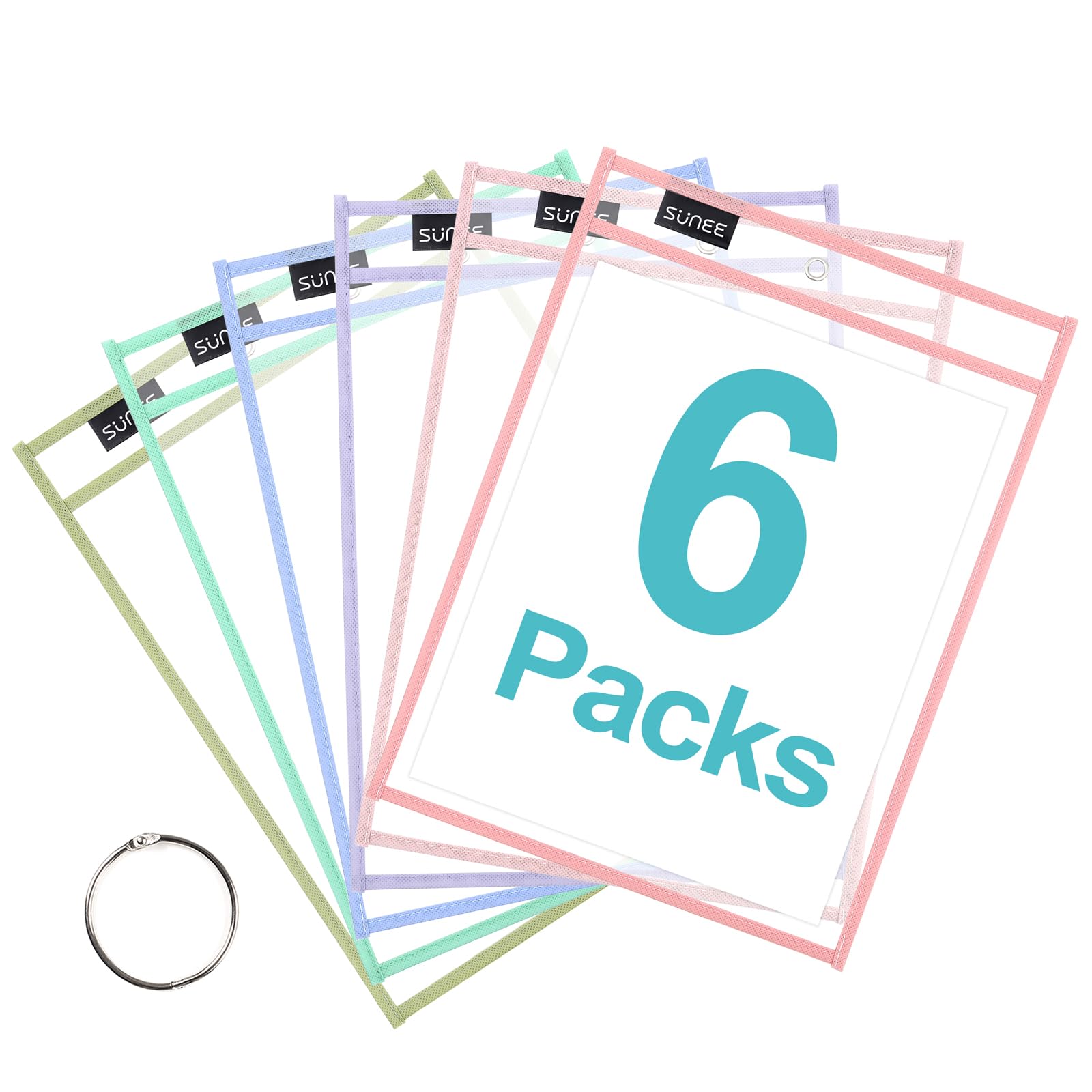 SUNEE 6 Packs Oversized Reusable Dry Erase Pocket Sleeves with Binder Ring, 6 Morandi Colors 10x14 Ticket Holders, Clear Plastic Sheet Protectors,