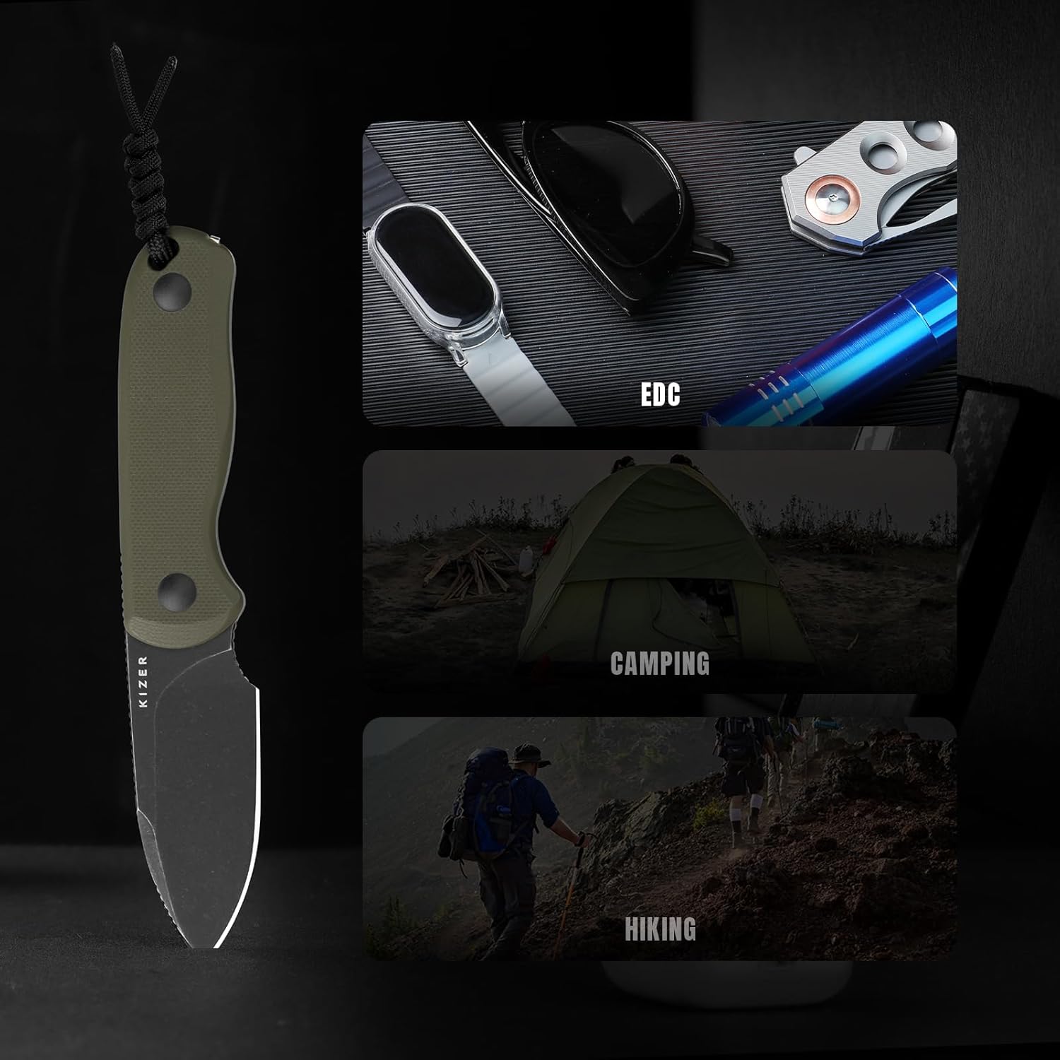 Kizer Drop Bear Fixed Blade Knife, 2.57" Black Stonewash D2 Blade EDC Camping Knife with Olive Green G10 Handle & Hidden Tool, Full Tang Hunting Survival Knives with Adjustable Kydex Sheath, 1094M1 - Image 9