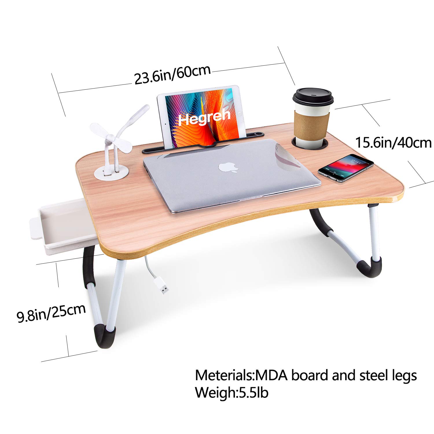 Hegreh Laptop Lap Desk for Bed Fits up to 17? Laptops with Storage Drawer,Lamp,Cup Holder, Laptop Bed Tray Table, 23.6" Foldable Laptop Desk, Laptop Stand for Working, Writing,Reading and Breakfast
