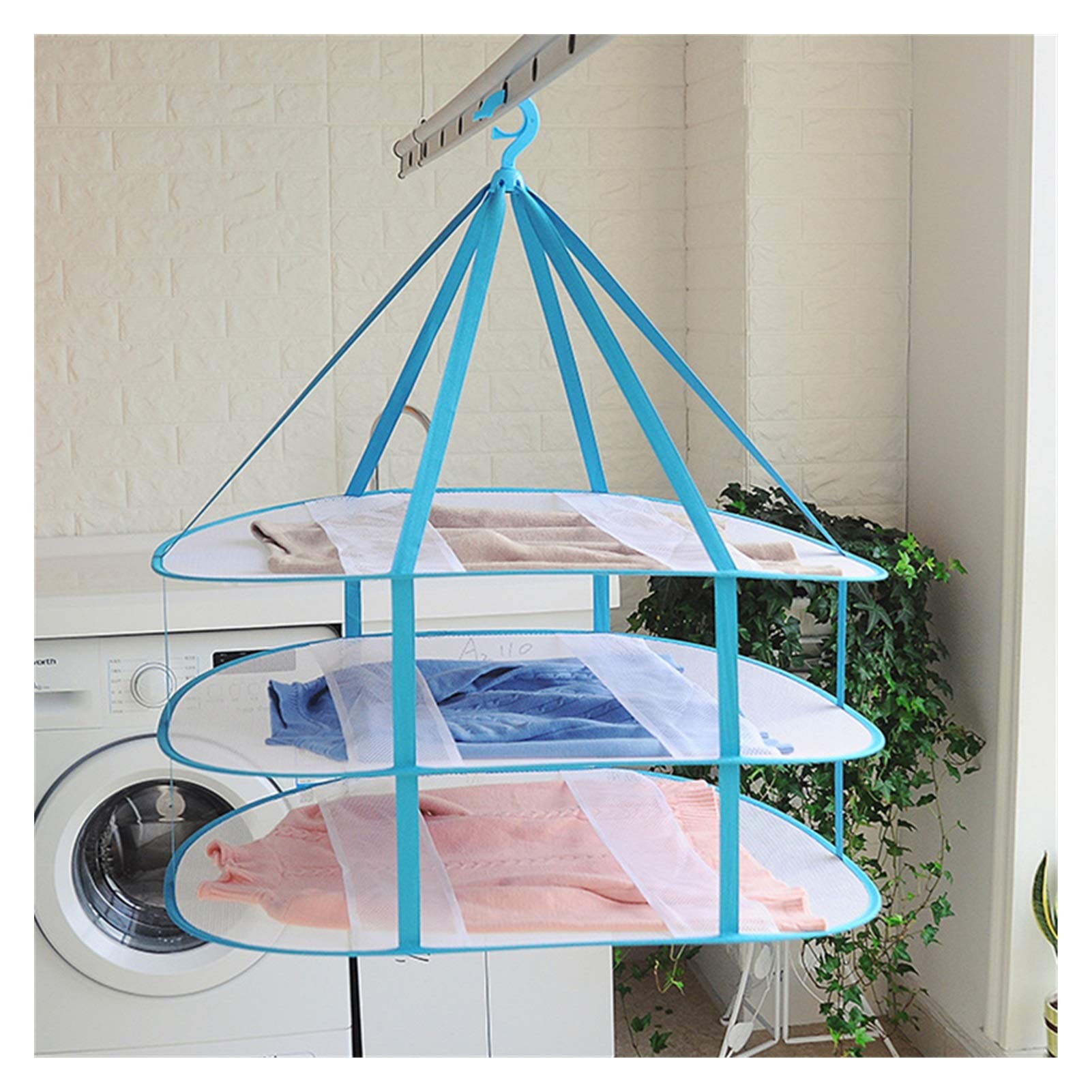 Étendoir à linge 1 pièce 3 couches pliables, filets de séchage, maille bleue, pull, sous-vêtements, soutien-gorge, panier suspendu, rangement du linge, support de séchage pliable (couleur : BU) (Bu)