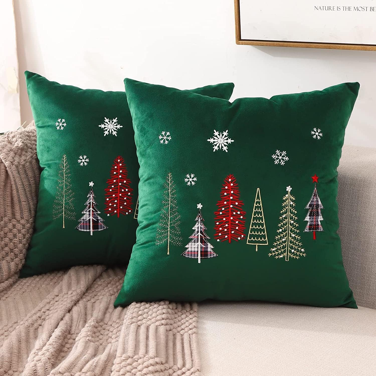 Christmas Embroidery Throw Pillow Covers 24 x 24 inch Set of 2 Xmas Dec Velvet Pillowcases Forest Green Christmas Trees Cushion Pillow Cases Soft Square Holiday Pillowcase