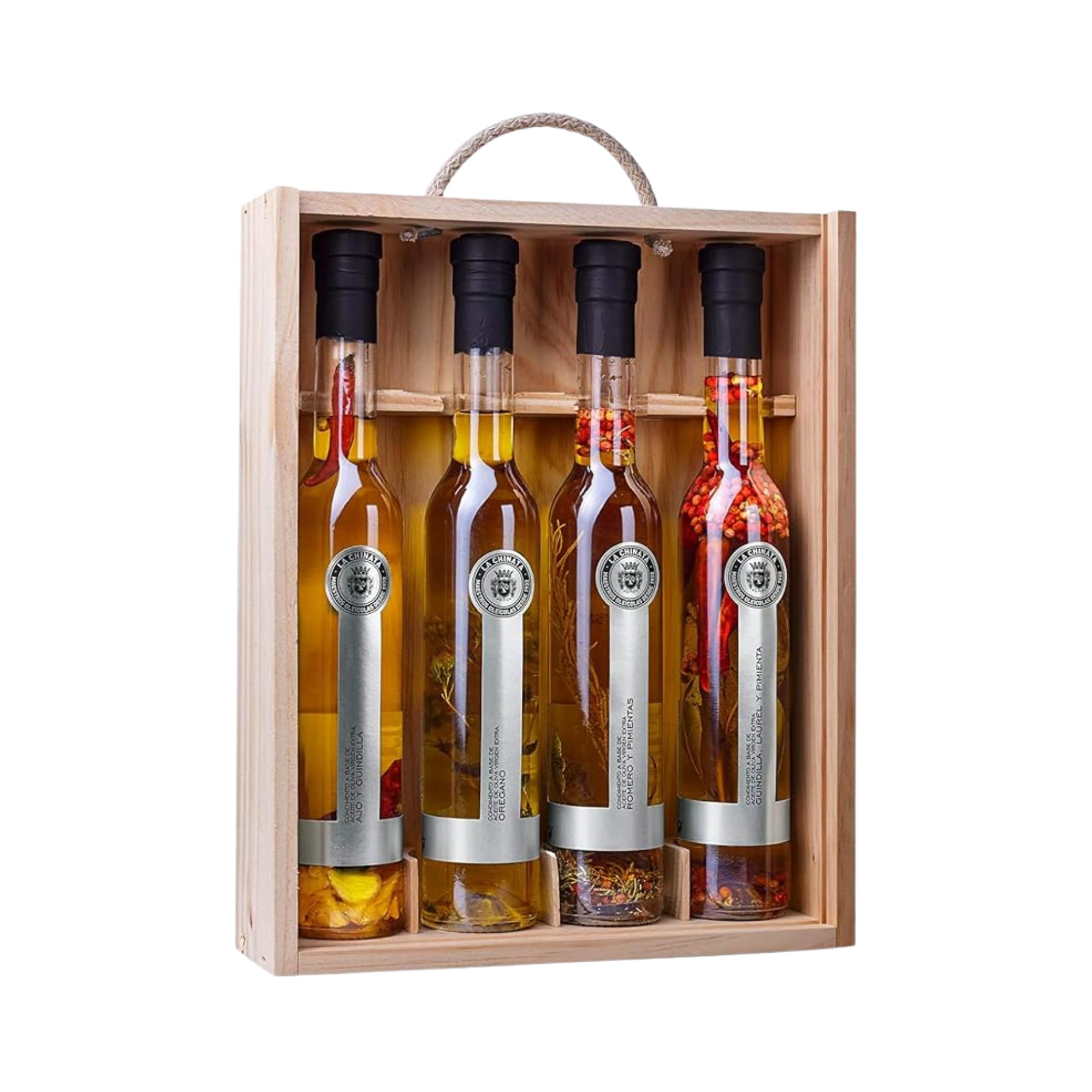 La Chinata Aceite de Oliva Virgen Extra - Estuche Gourmet con 4 Sabores: Ajo, Guindilla, Orégano, Romero y Pimienta | Pack Gourmet Perfecto para Regalar | 250 ml Cada Uno