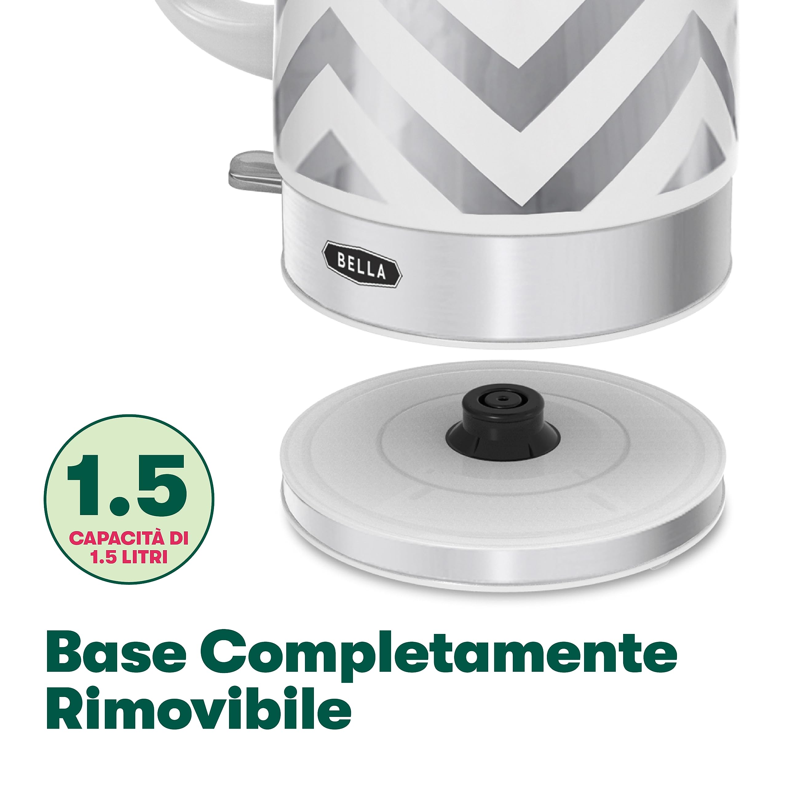 bella Bollitore Elettrico e Teiera in Ceramica con Base Girevole Rimovibile, Spegnimento Automatico e Protezione contro l'Ebollizione a Secco,1,5 L, Chevron Argento