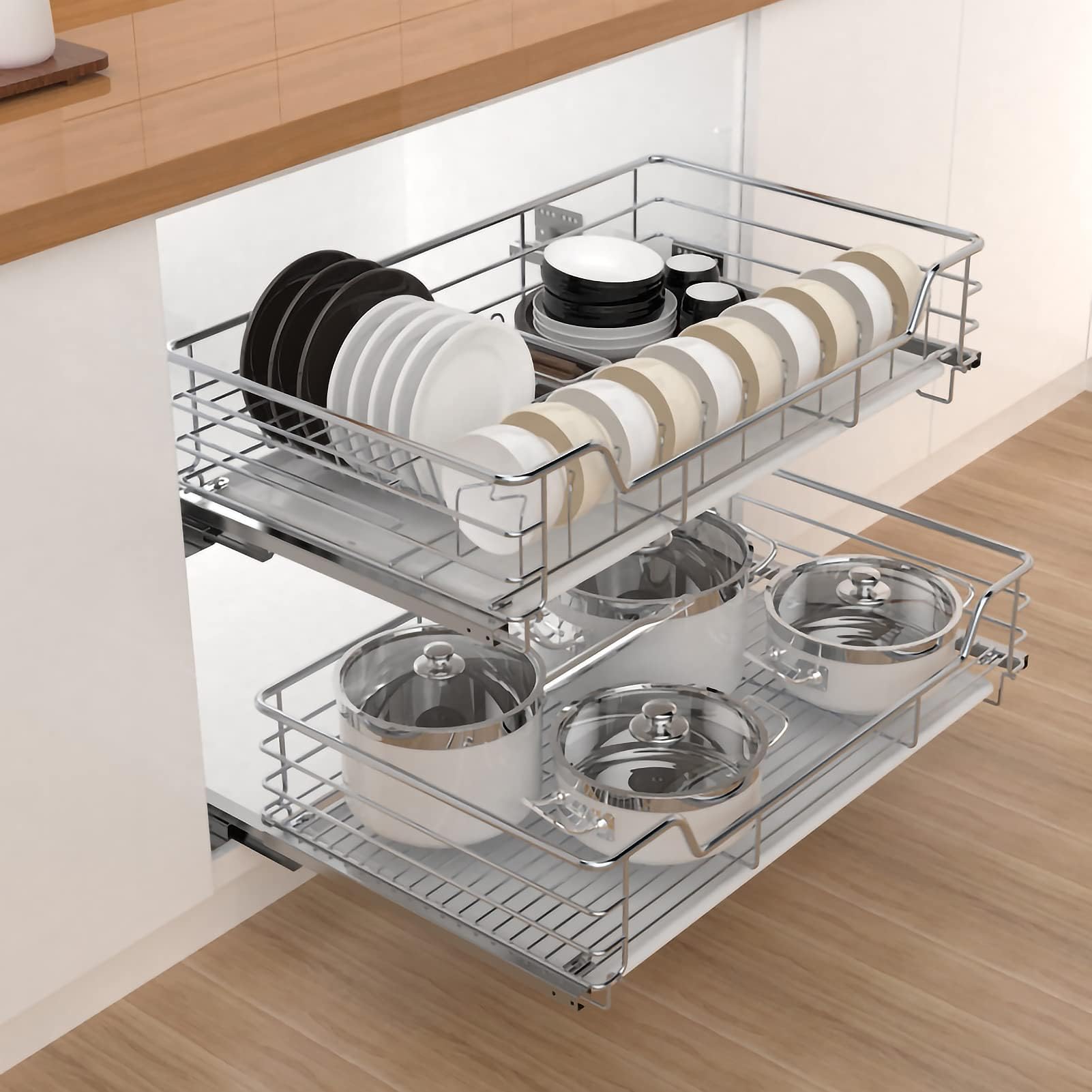 Under-Cabinet Pull-Out 2-Tier Metal Wire Basket with Drain Tray & Soft-Close Guide - Kitchen Storage Solution for Efficient Space Management & (65(W)*41(D)*13(H) cm)