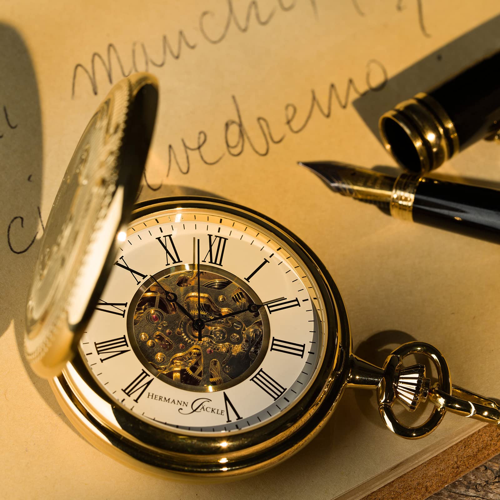 Hermann Jäckle Herren Taschenuhr Bayreuth II Vergoldet Skelett 50 mm | Vergoldetes Gehäuse, Skelett-Design, Handaufzugswerk, Mineralglas, inklusive Kette und Reiseetui