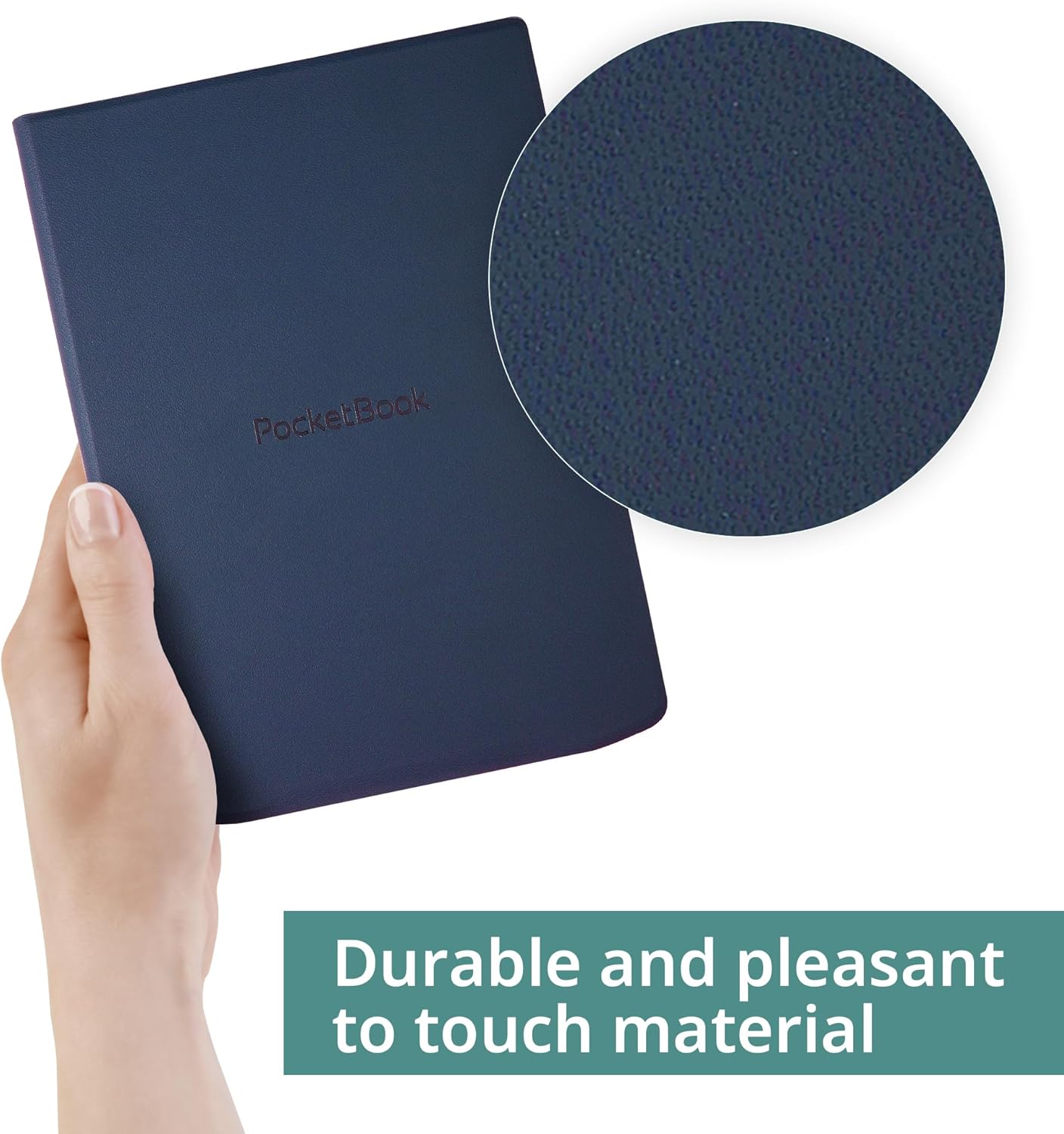 Hand holding PocketBook Charge Cover, showing material texture.