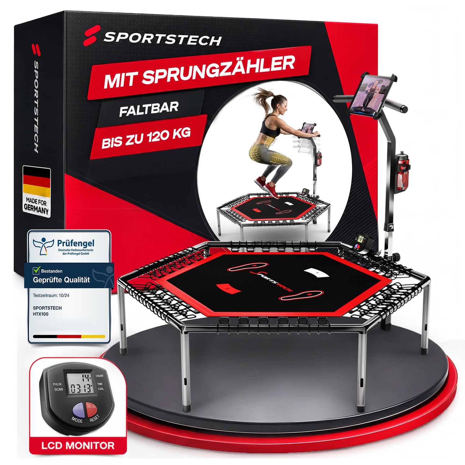 Sportstech HTX100 Trampolin, klappbar | Deutsche Qualitätsmarke | Fitness Trampolin mit Haltegriff | Indoor Jumping für Kinder und Erwachsene | Sprungzähler, APP