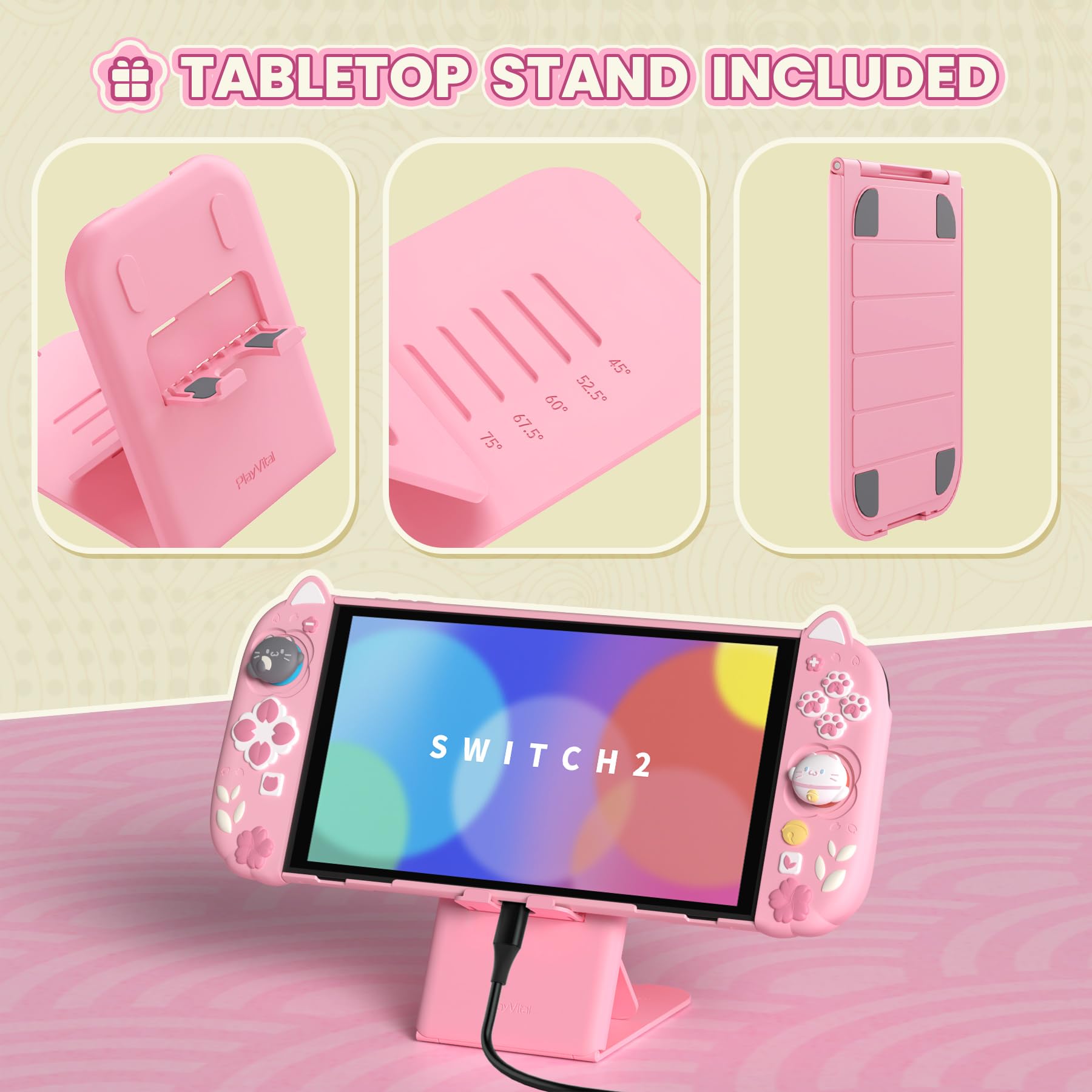 playvital Cover Dockable per Nintendo Switch 2 & Custodia in Silicone per Nintendo Switch 2 Pro Controller, Gattino di Fiori - Rosa
