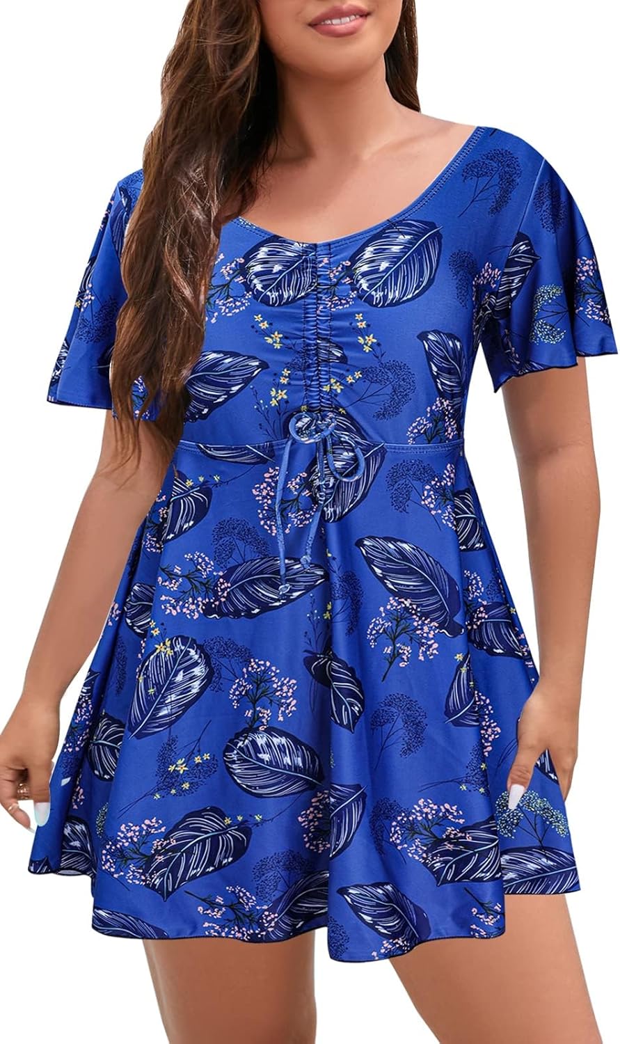 ECUPPER Womens One Piece Swimsuit with Sleeves Plus Size Swim Dress Modest Tummy Control Skirt Bathing Suit Built in Shorts