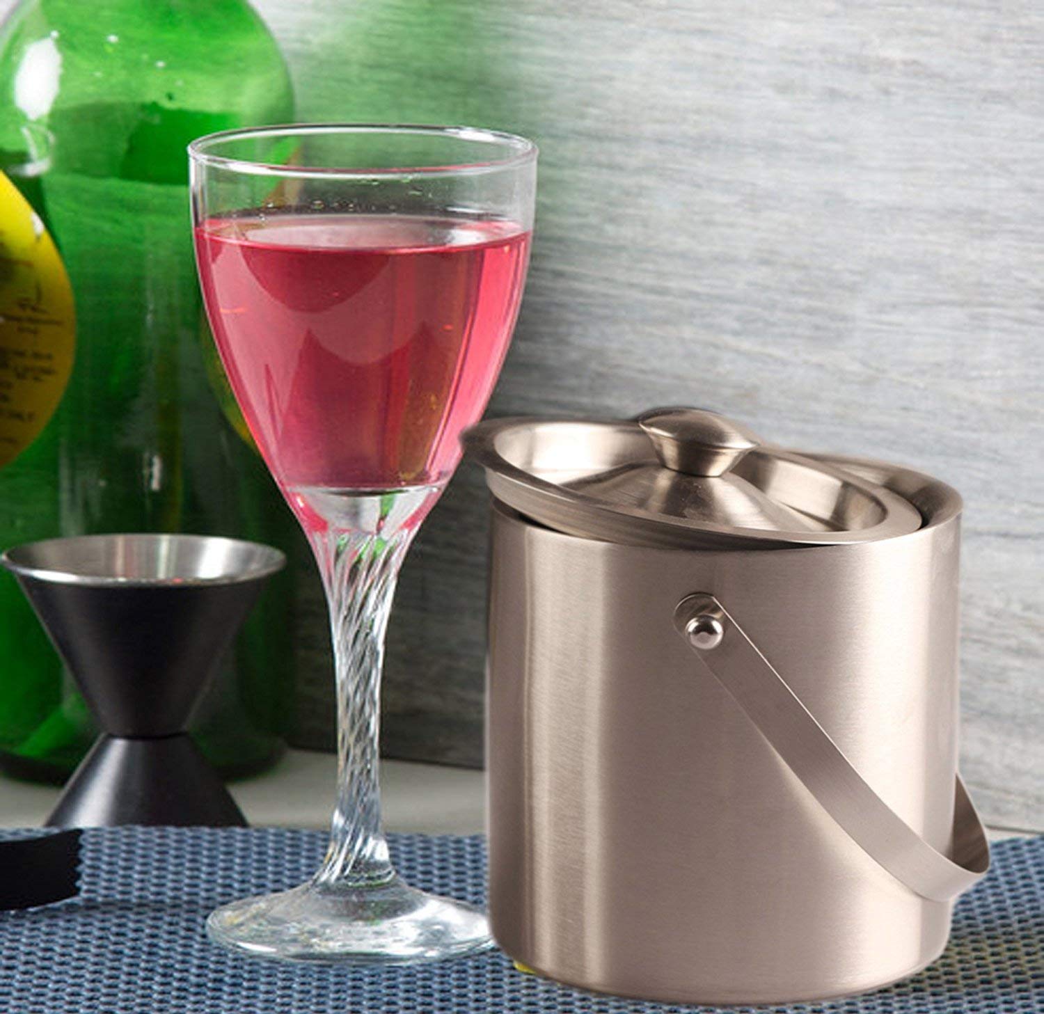 Rudra Exports Stainless Steel Ice Bucket with Ice Tong and ice Scoop Bar Accessories (1.5 LTR) Set of 3 2