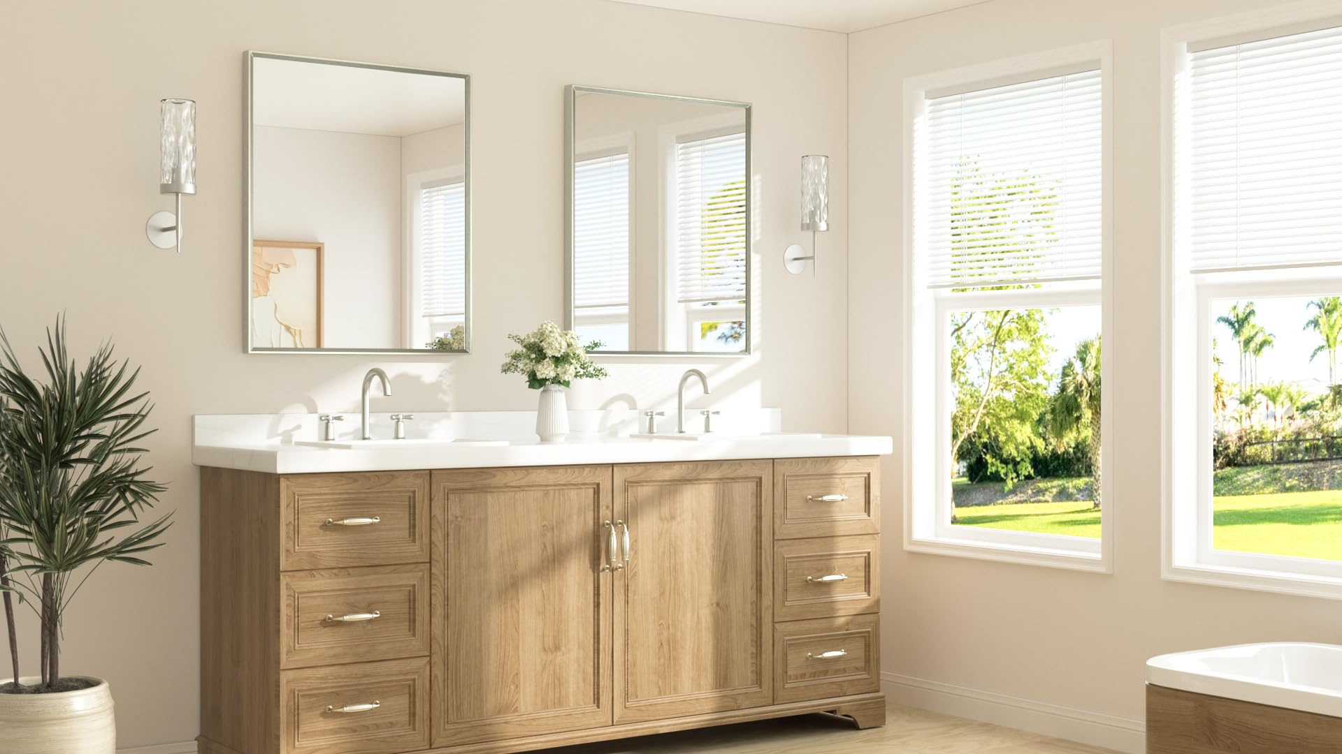 Condition photo showing New/Like New for tetote brushed nickel mirror for bathroom sink 30" x 36" beveled frame brushed nickel vanity rectangle mirror for bathroom wall, modern farmhouse, tempered glass, shatterproof, stronger frame