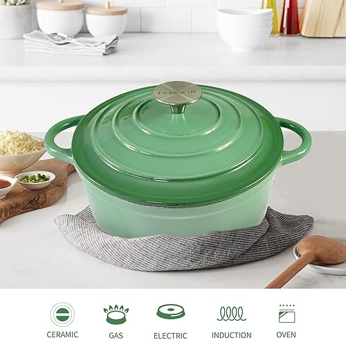 Miniatura 12 de Cacerola de hierro fundido COOKWIN, 3.8 QT, Sartén de hierro fundido con tapa y asas dobles, olla de superficie esmaltada de porcelana, Verde azulado