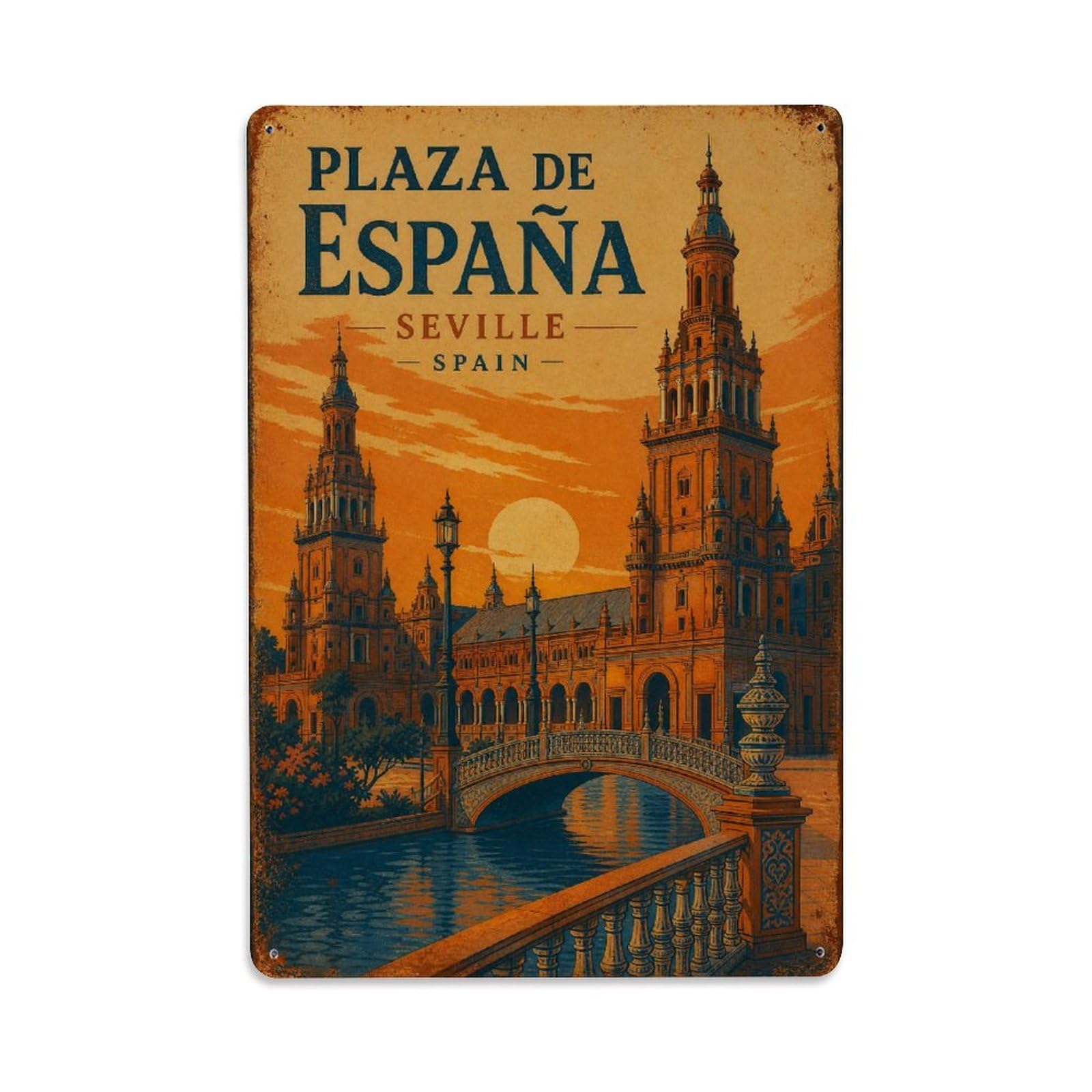 Yrnq 08X12inch Vintage Style Vintage Plaza Espana Towers Sunset Orange Glow Spain Metal Tin Sign