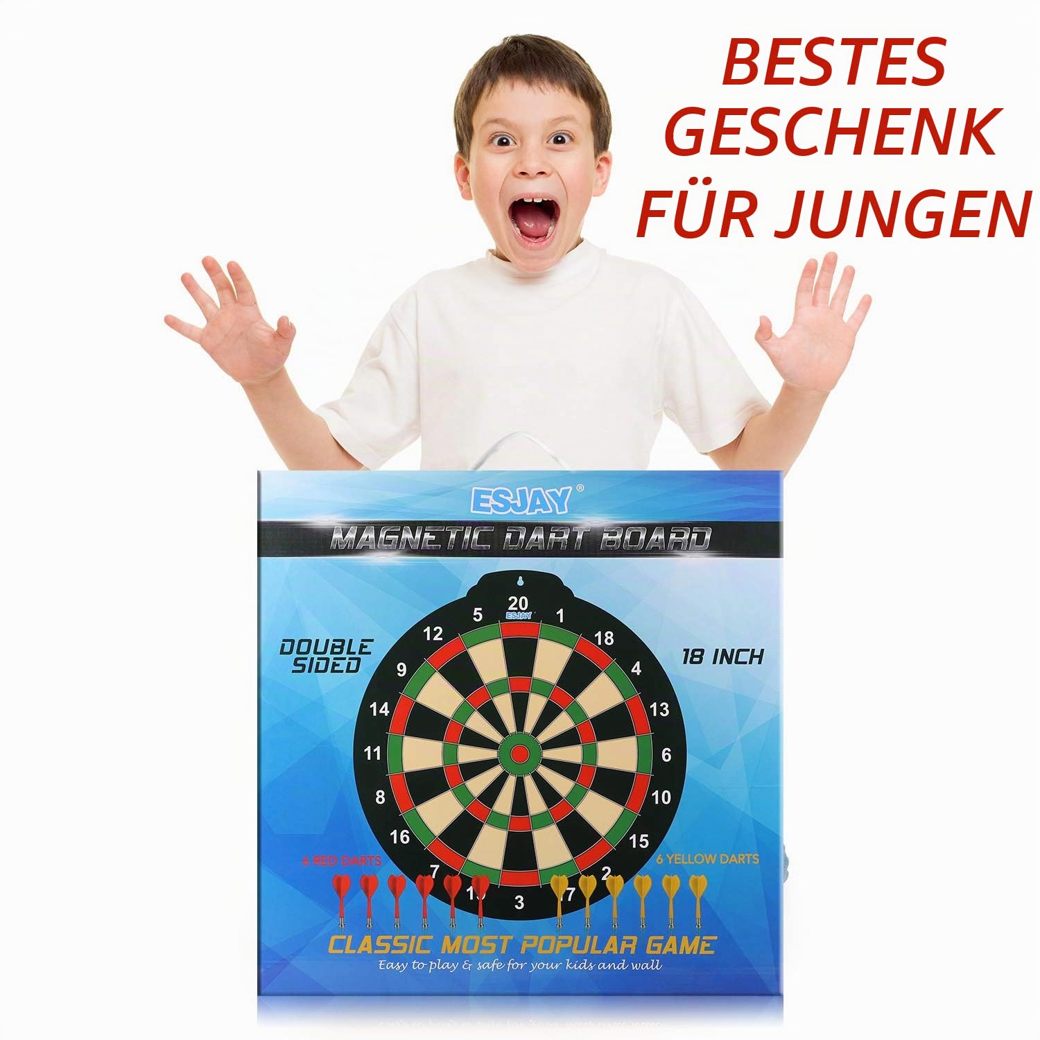 Esjay 45,7 cm Magnetisches Dartscheibenset, sicheres Dartspiel für Kinder ab 8 Jahren, Junge Spielzeug Geschenk für drinnen und draußen mit 12 Darts, doppelseitige Dartscheibe