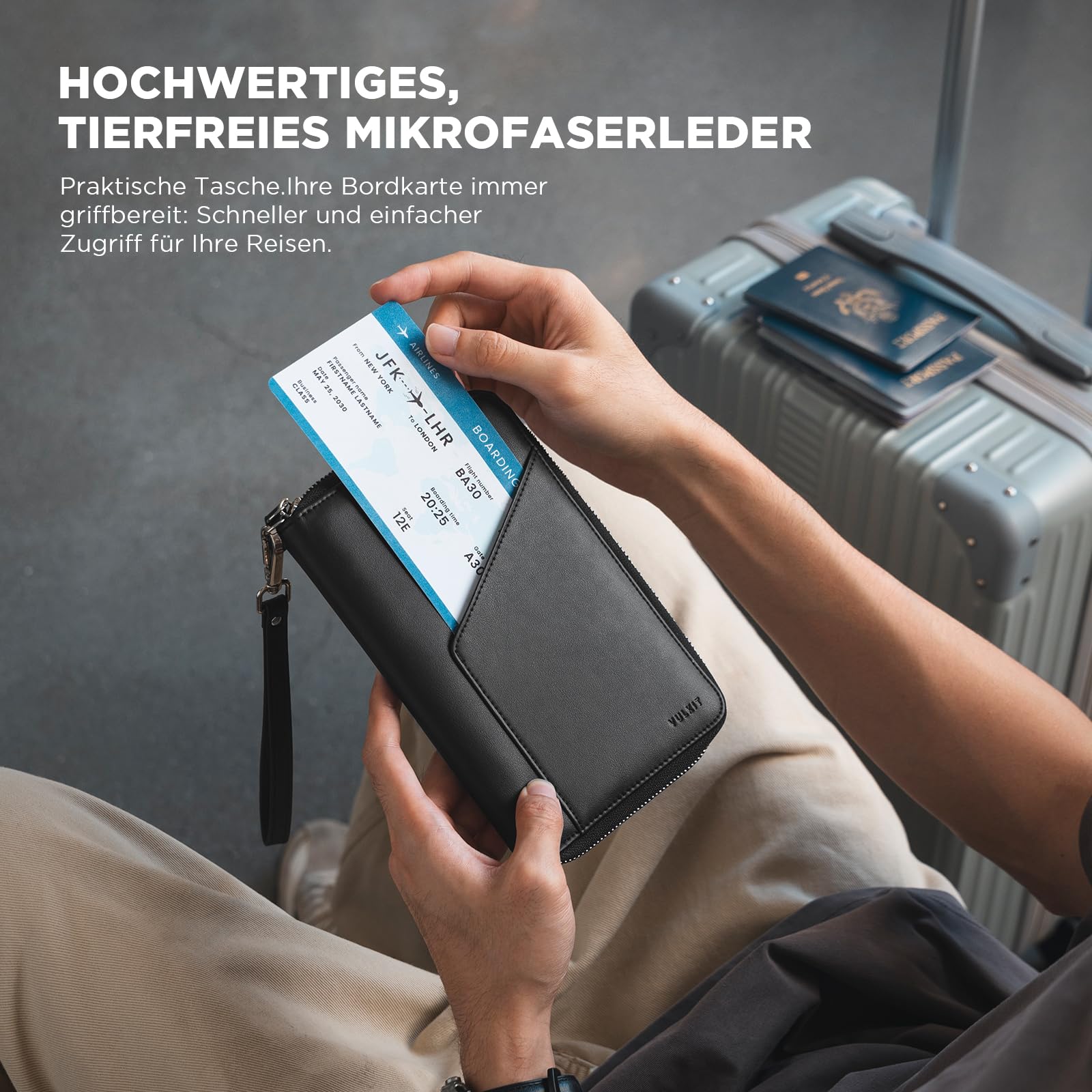 VULKIT Leder Reisepass-Halter – Familien-Reisedokumenten-Organizer mit RFID-Blocking – Slim Reisebörse mit Mehreren Passfächern, SIM-Kartenfach & Mehrfach-Kartenhaltern für Herren (Schwarz)