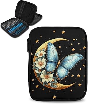 Qehuruxo Moon Butterfly Crochet Bag Organizer with Double Layer Design Zipper Closure Mesh Pockets Polyester Material for Easy Access and Storage