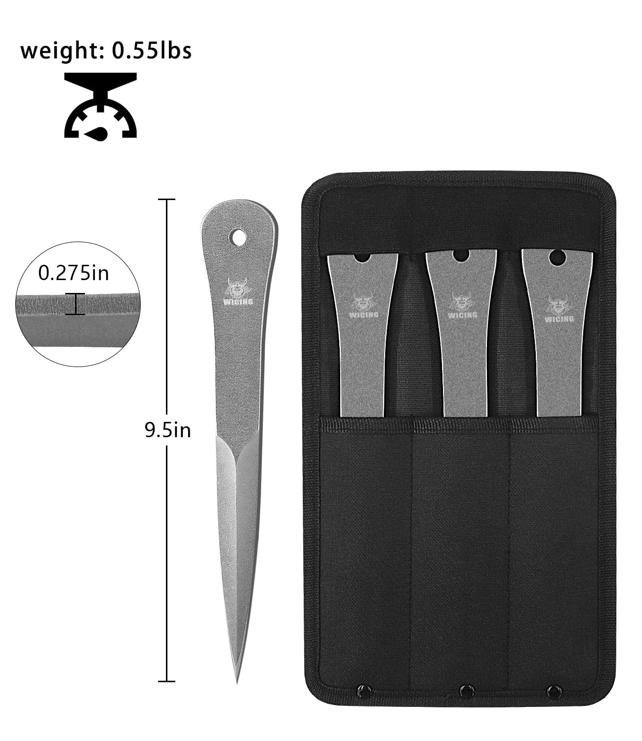 WICING 9.5 inches Throwing Spear, 0.275 inches Thick Full-Tang Throwing Set, with Nylon Sheath for Competition and Recreation - 3 Pack