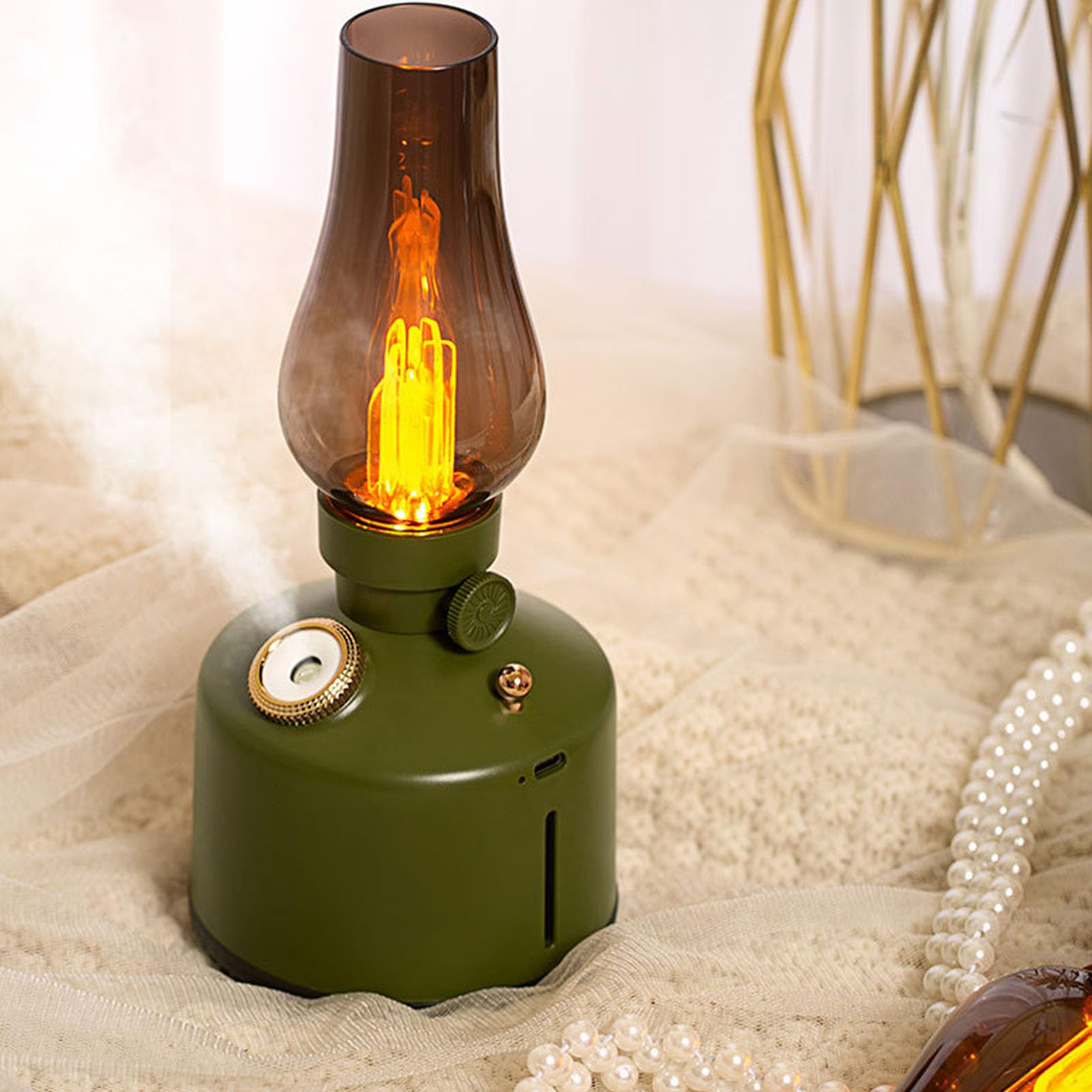 Humidifier Vintage Lantern with Lamp, Kerosene Lamp Shaped Quiet Home Humidifier, Aromatherapy Diffuser, 2 Mist Settings, Stepless Dimming, 260ML (Green)-image-6
