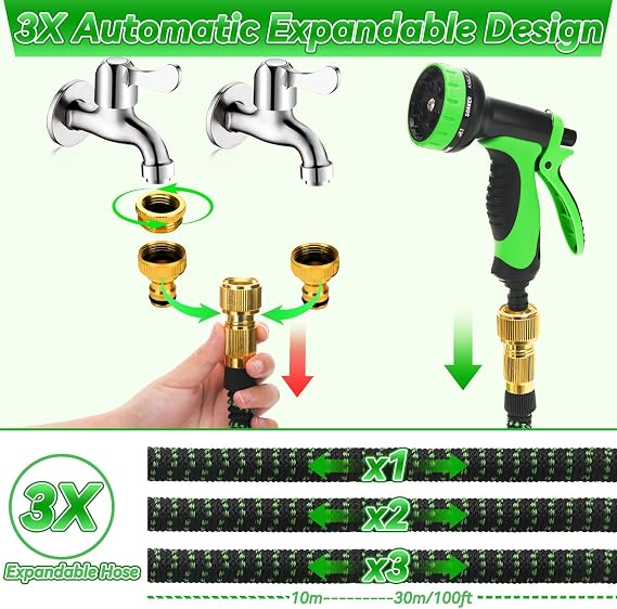 Expandable Garden Hose 100FT, Lightweight Flexible Hose with 10 Function Nozzles, Leak-Proof Metal Interface, Kink Free, Wear-Resistant, Outdoor Long Hose Pipe for Car Wash, Yard, Lawn