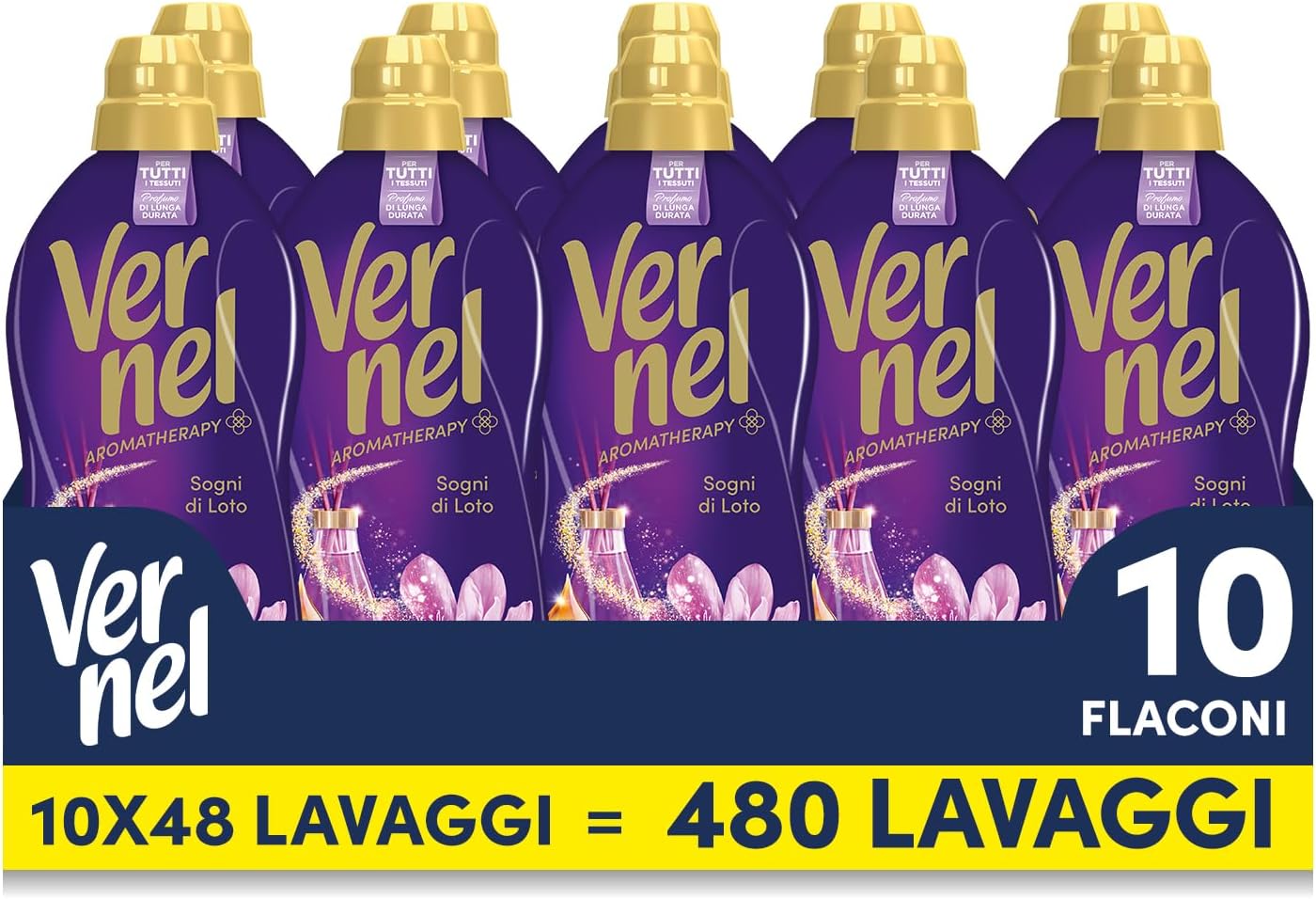 Ammorbidente Concentrato Vernel Aromatherapy Sogni di Loto (10 x 48 lavaggi), Ammorbidente Concentrato per Tutti i Tessuti, Profumo di Lunga Durata con Oli Essenziali