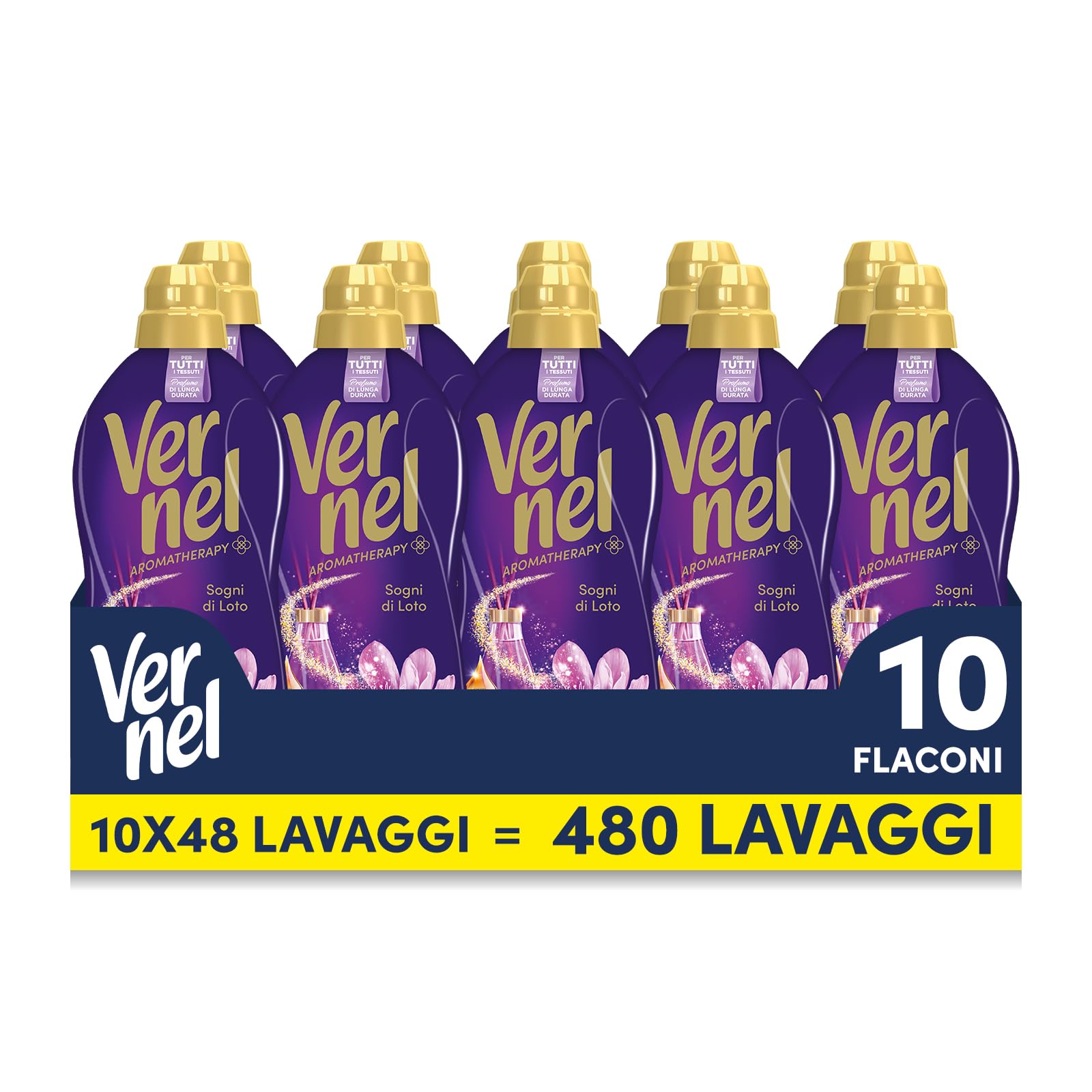 Ammorbidente Concentrato Vernel Aromatherapy Sogni di Loto (10 x 48 lavaggi), Ammorbidente Concentrato per Tutti i Tessuti, Profumo di Lunga Durata con Oli Essenziali