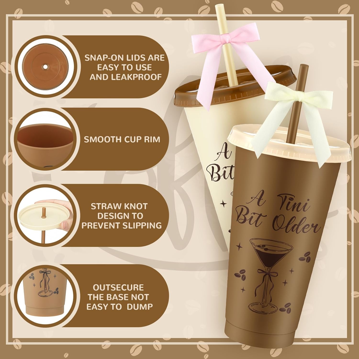 Jingmore 12 Pcs Martini Party Tini Bit Older Cups Plastic Cup 24oz a Plastic tumbler with Lids and Straws for Martini Birthday Decoration Bachelorette Bridal Shower Party Supplies(Coffee)