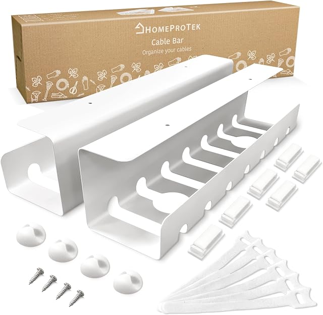 HOMEPROTEK Desk Tidy Under Desk Cable Management Tray x2 White, Cable Duct for Tidy Home Office Wire Management, Easy Assembly Sturdy Steel Cable Holder Desk, 43x10x10cm Cable Rack and Accessories