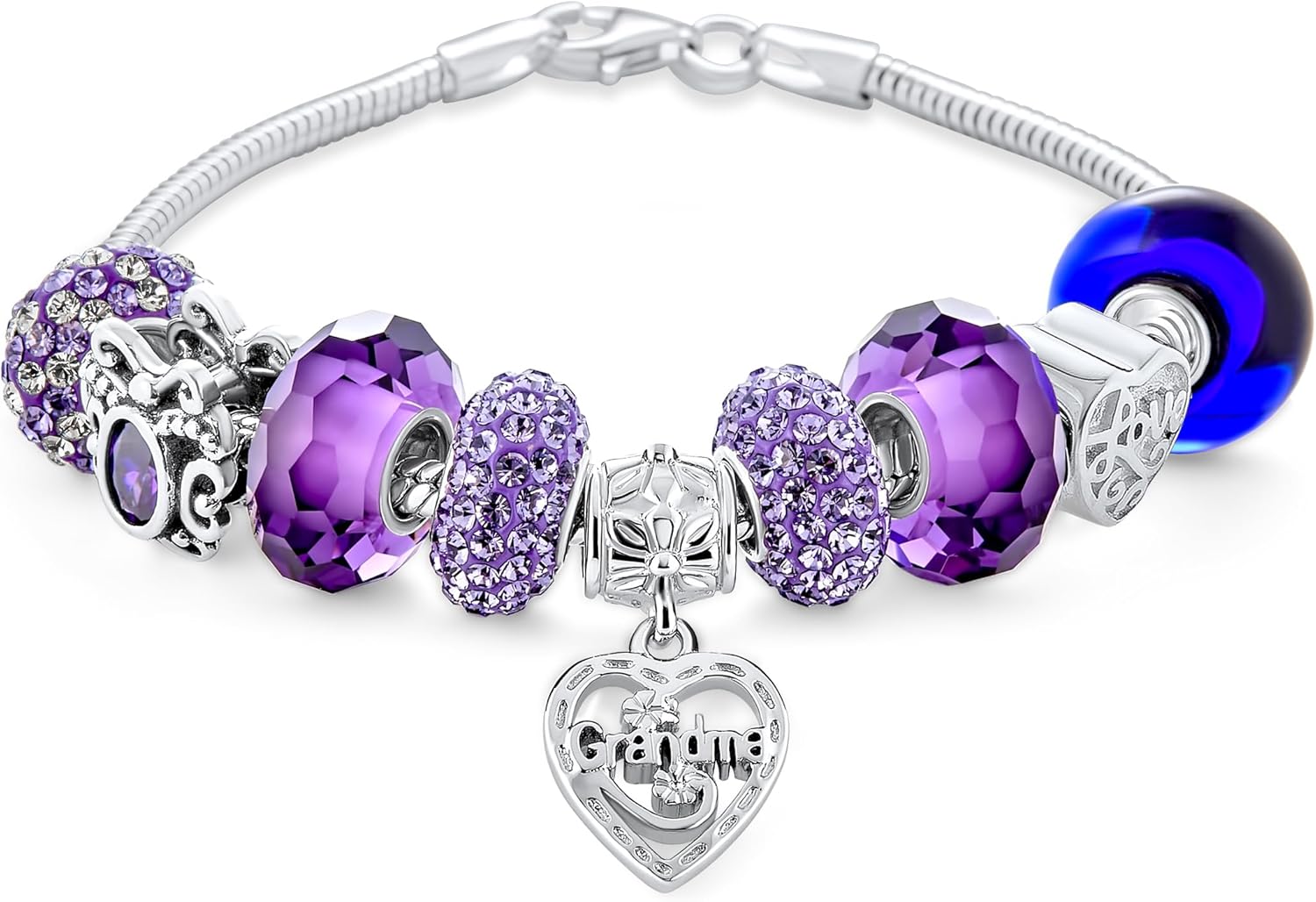 Bling Jewelry Purple Love Family-Themed Charm Bracelet for Grandma - .925 Sterling Silver European Snake Chain
