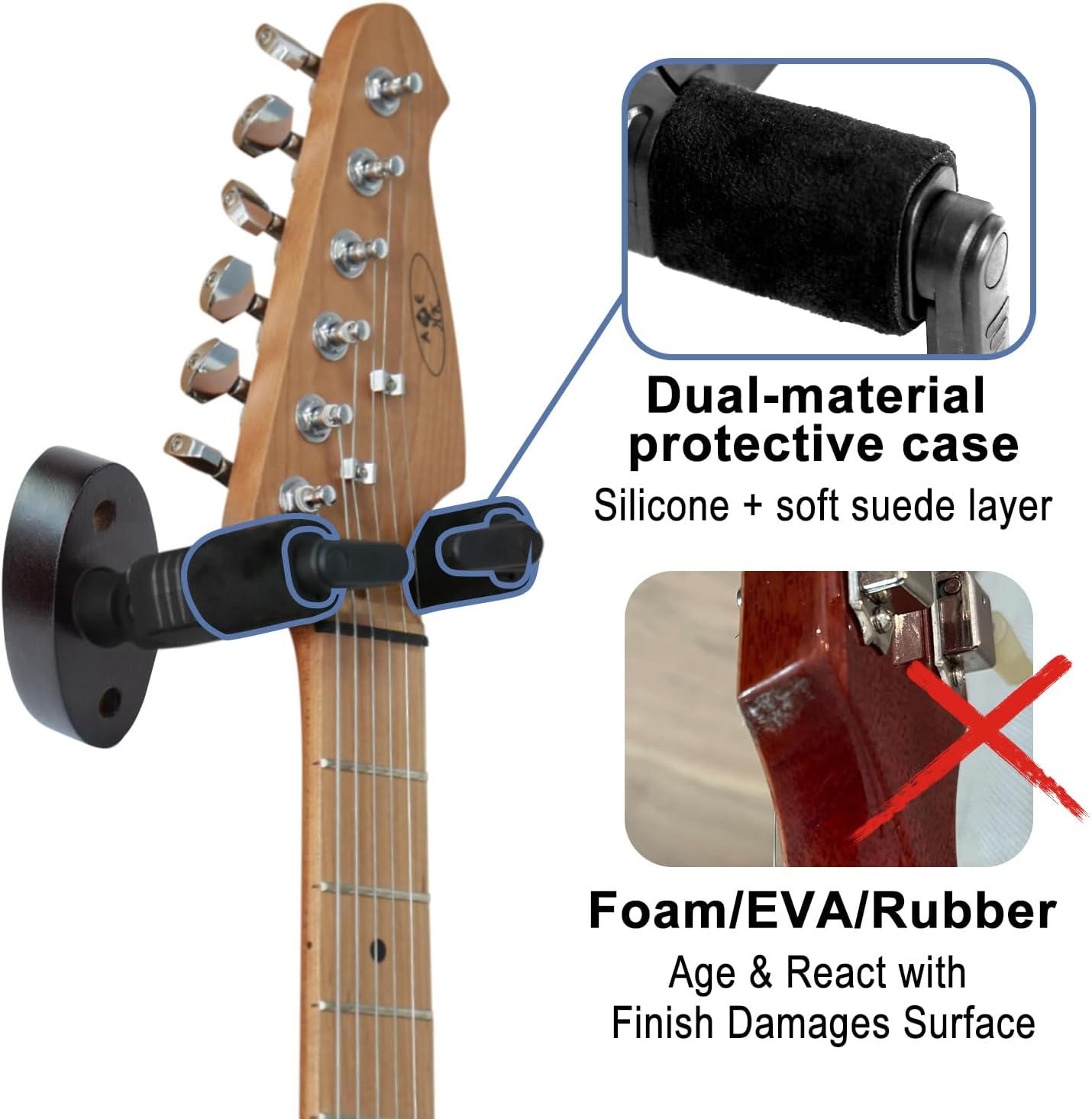 Auto-Lock Guitar Wall Mount, Self-Locking Guitar Hanger with Nitro-Safe Velvet, Holds 22 lbs, Wall Mount for Acoustic, Electric, and Bass Guitars, Easy Installation,Black Wood 2 pcs
